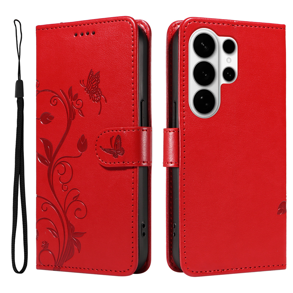 For-Samsung-Galaxy-S26-Ultra-PU-Leather-Cases-Flower-Pattern-Wallet-Stand-Phone-Cover-with-Strap-Red