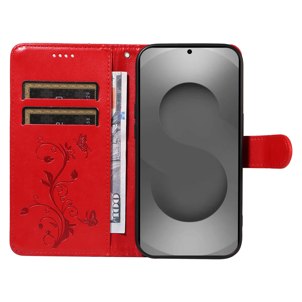 For-Samsung-Galaxy-S26-Ultra-PU-Leather-Cases-Flower-Pattern-Wallet-Stand-Phone-Cover-with-Strap-Red