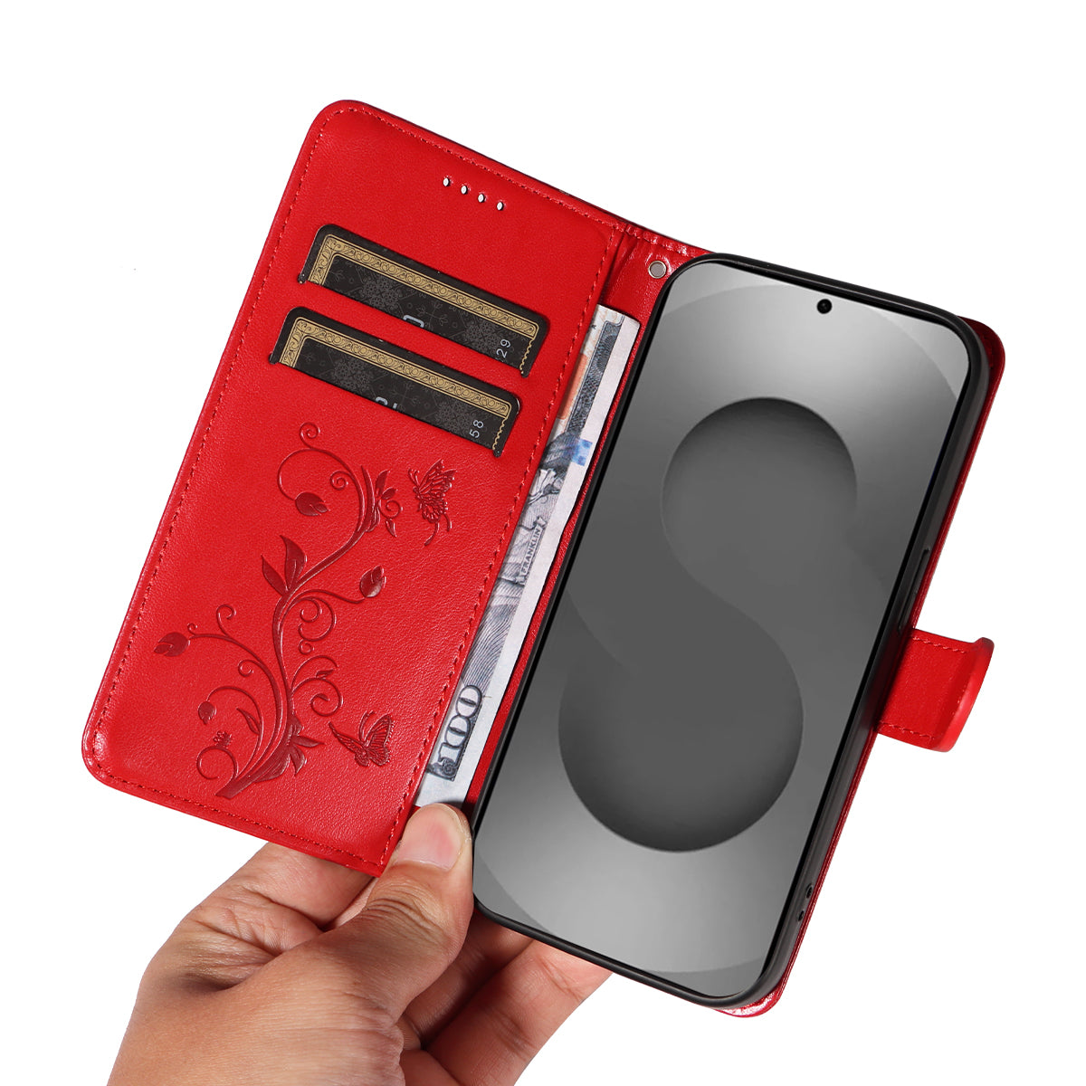 For-Samsung-Galaxy-S26-Ultra-PU-Leather-Cases-Flower-Pattern-Wallet-Stand-Phone-Cover-with-Strap-Red