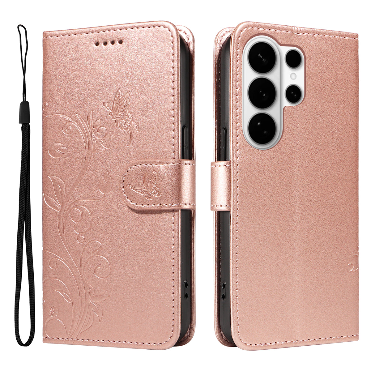 For-Samsung-Galaxy-S26-Ultra-PU-Leather-Cases-Flower-Pattern-Wallet-Stand-Phone-Cover-with-Strap-Rose-Gold