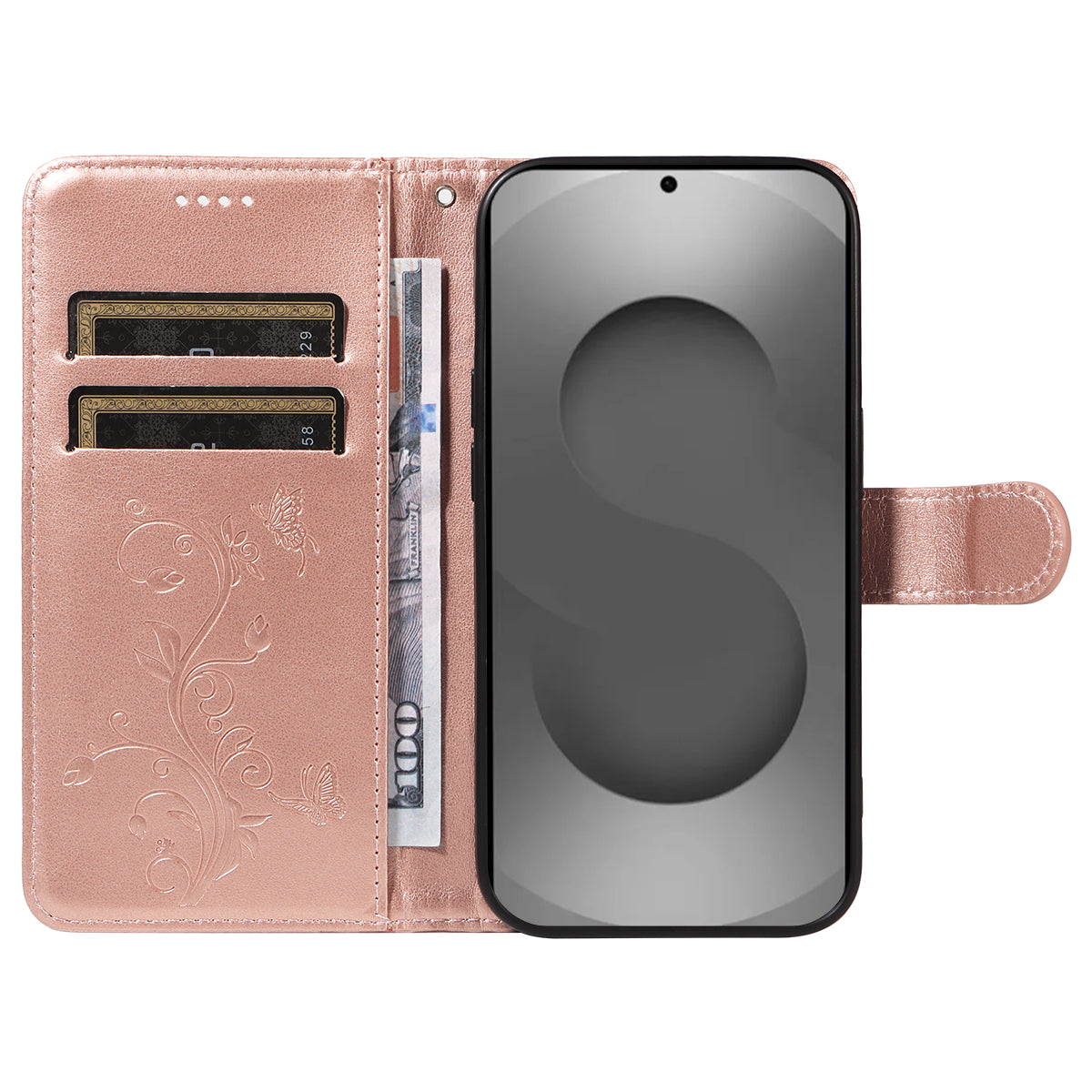 For-Samsung-Galaxy-S26-Ultra-PU-Leather-Cases-Flower-Pattern-Wallet-Stand-Phone-Cover-with-Strap-Rose-Gold