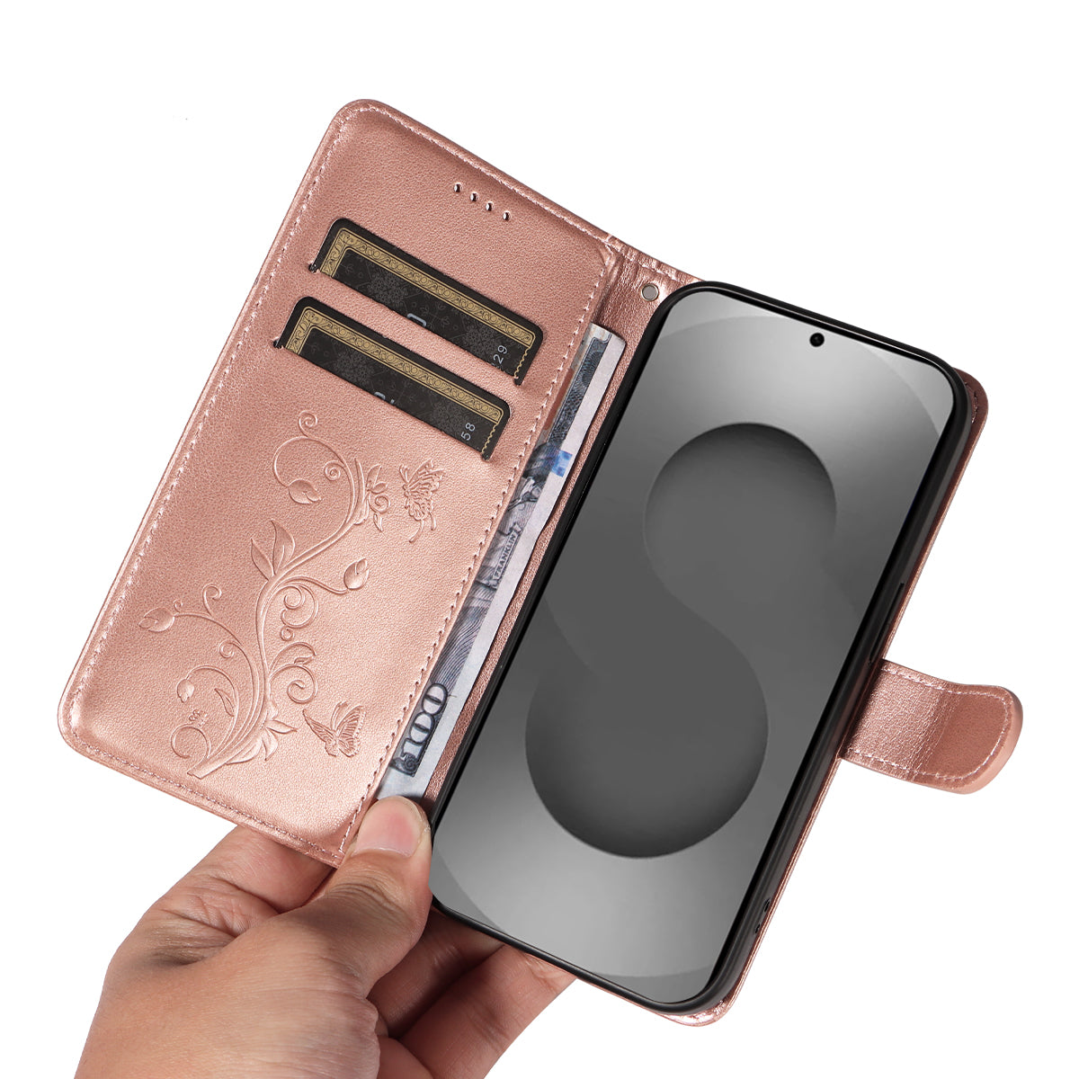 For-Samsung-Galaxy-S26-Ultra-PU-Leather-Cases-Flower-Pattern-Wallet-Stand-Phone-Cover-with-Strap-Rose-Gold