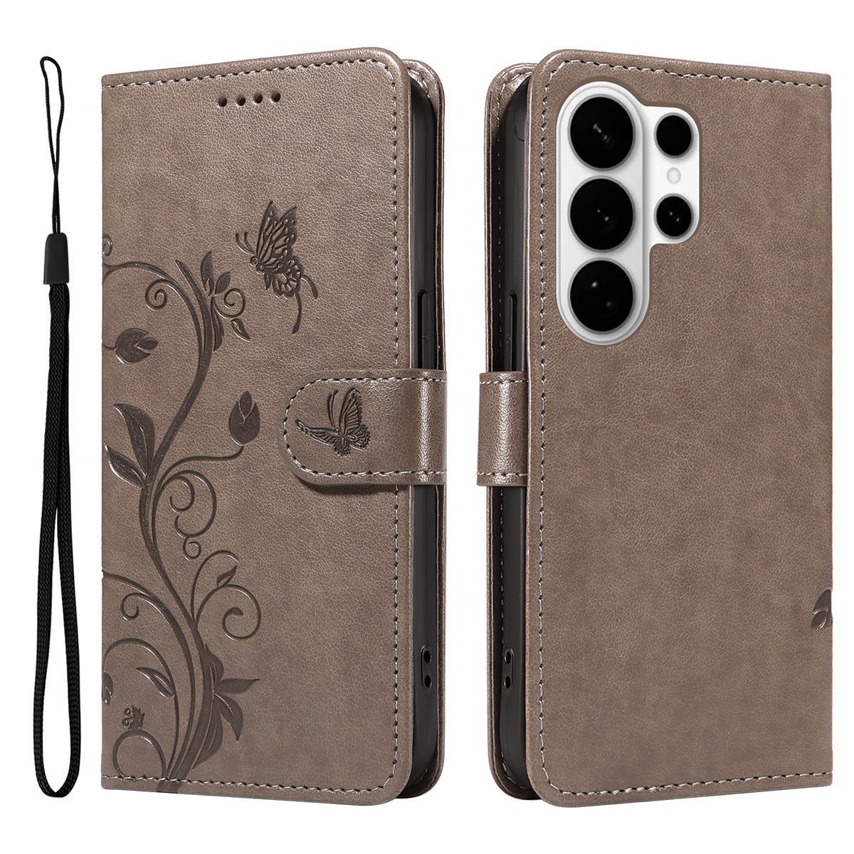 For-Samsung-Galaxy-S26-Ultra-PU-Leather-Cases-Flower-Pattern-Wallet-Stand-Phone-Cover-with-Strap-Grey