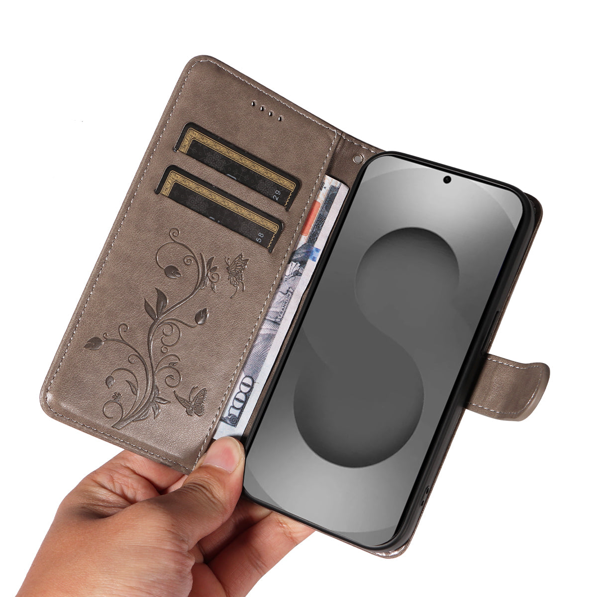 For-Samsung-Galaxy-S26-Ultra-PU-Leather-Cases-Flower-Pattern-Wallet-Stand-Phone-Cover-with-Strap-Grey