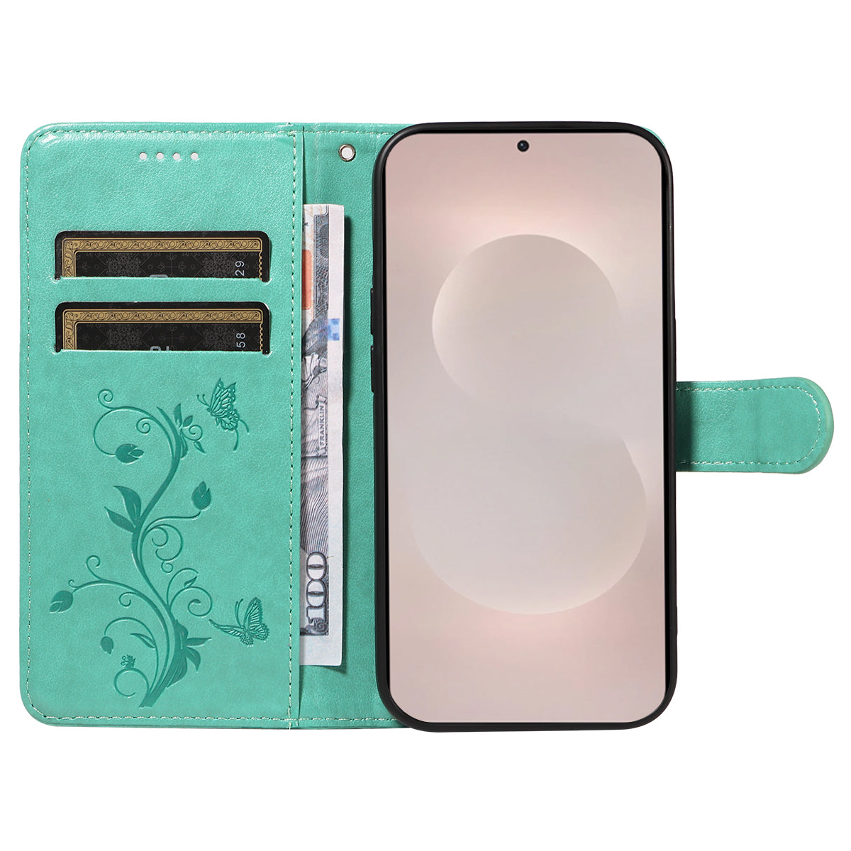 For-Samsung-Galaxy-S26-Edge-PU-Leather-Cases-Flower-Pattern-Wallet-Stand-Phone-Cover-with-Strap-Green