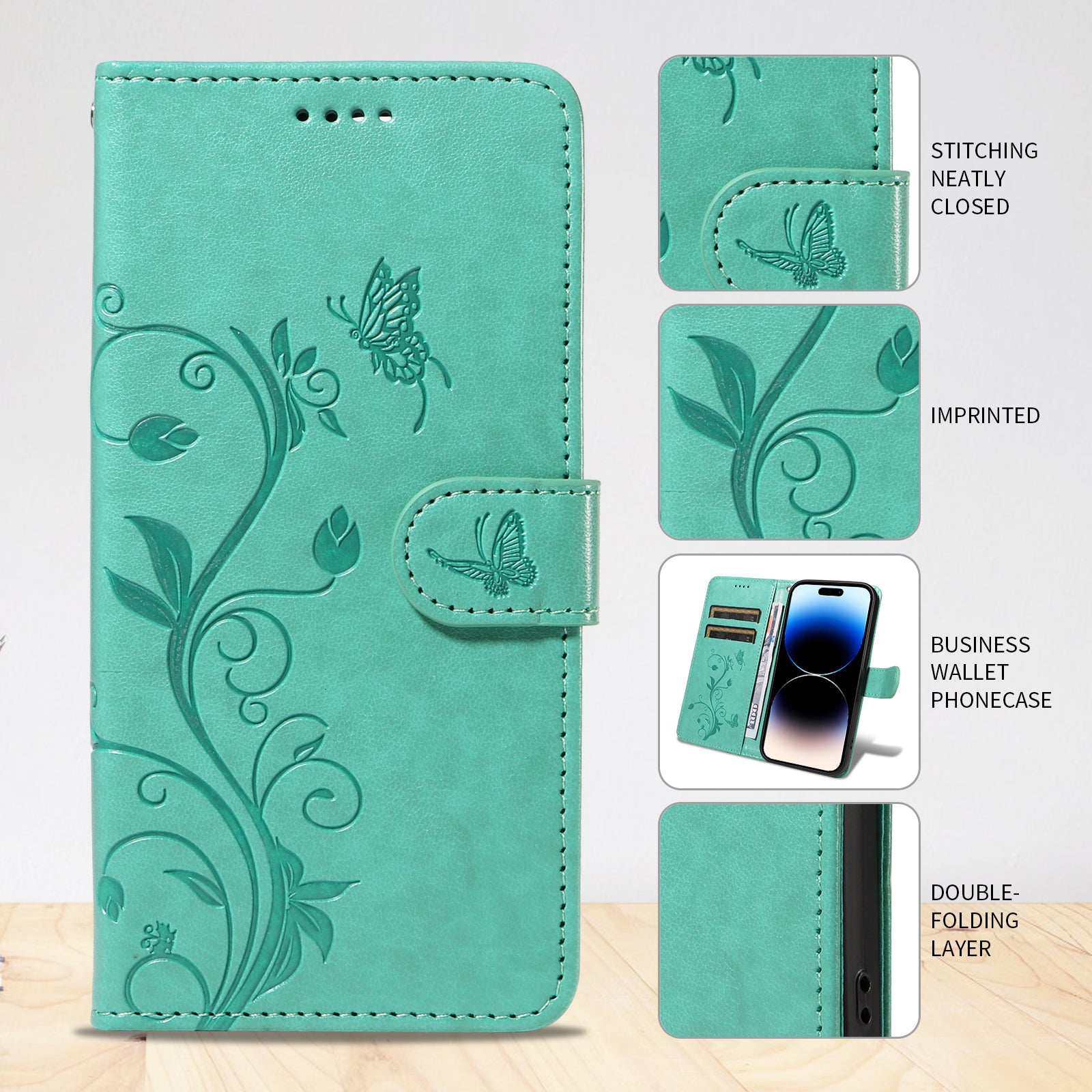 For-Samsung-Galaxy-S26-Edge-PU-Leather-Cases-Flower-Pattern-Wallet-Stand-Phone-Cover-with-Strap-Green