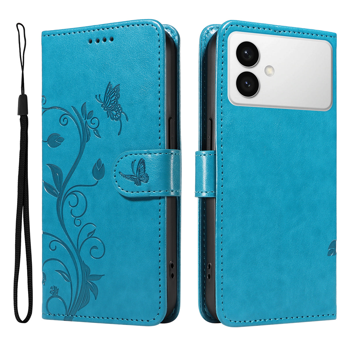 For-Samsung-Galaxy-S26-Edge-PU-Leather-Cases-Flower-Pattern-Wallet-Stand-Phone-Cover-with-Strap-Blue