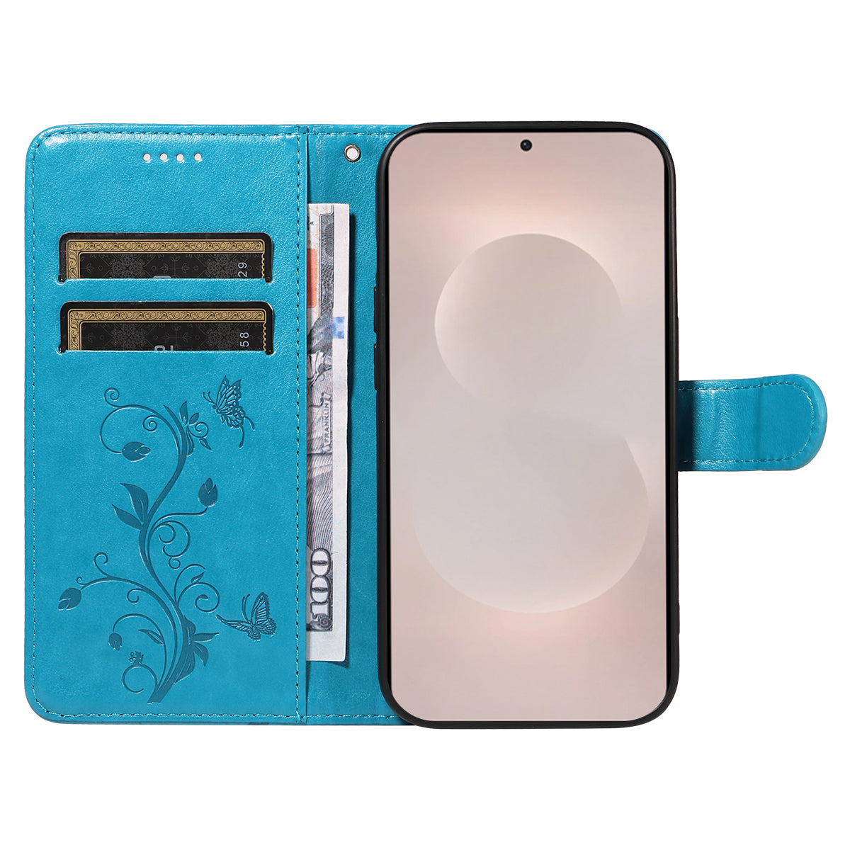 For-Samsung-Galaxy-S26-Edge-PU-Leather-Cases-Flower-Pattern-Wallet-Stand-Phone-Cover-with-Strap-Blue