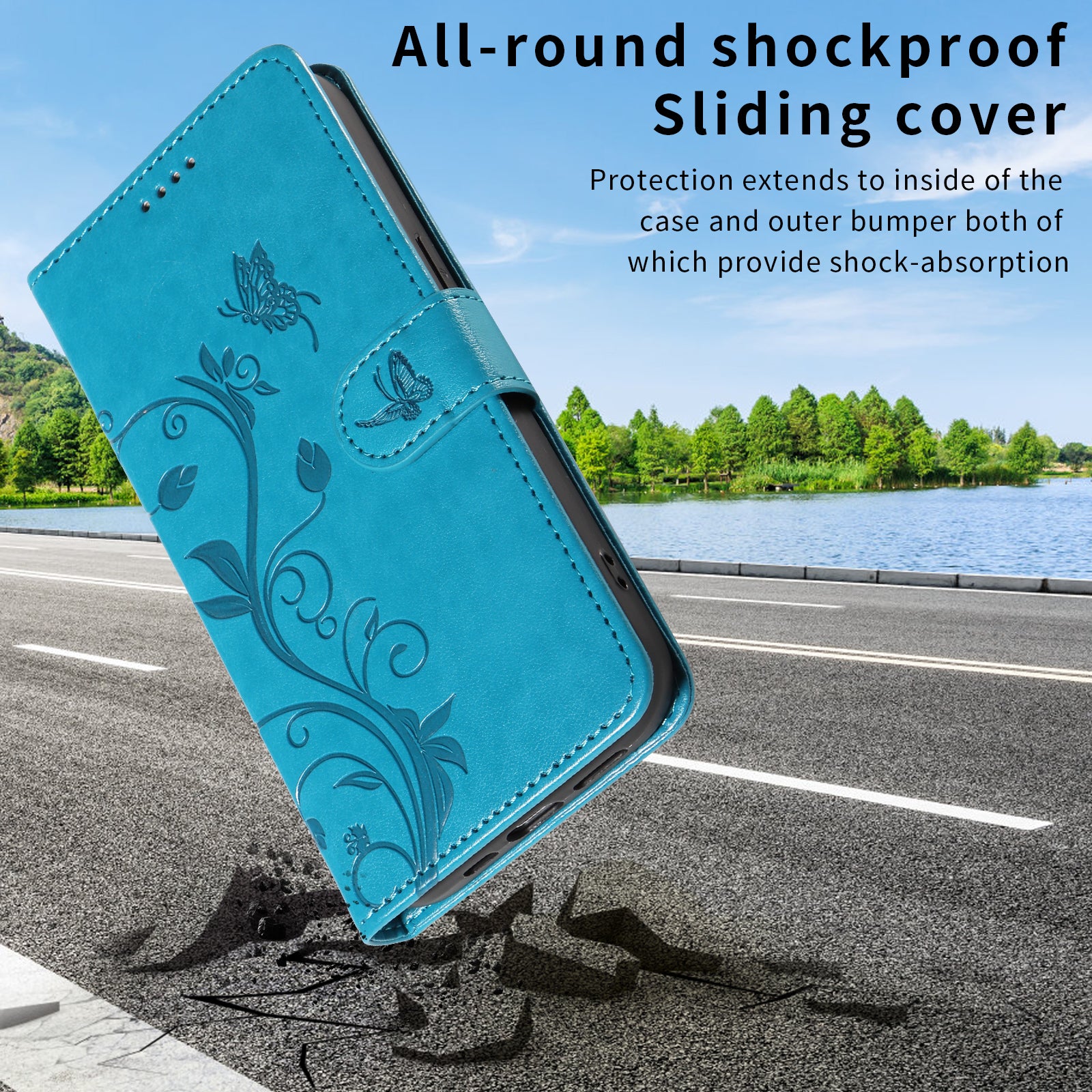 For-Samsung-Galaxy-S26-Edge-PU-Leather-Cases-Flower-Pattern-Wallet-Stand-Phone-Cover-with-Strap-Blue