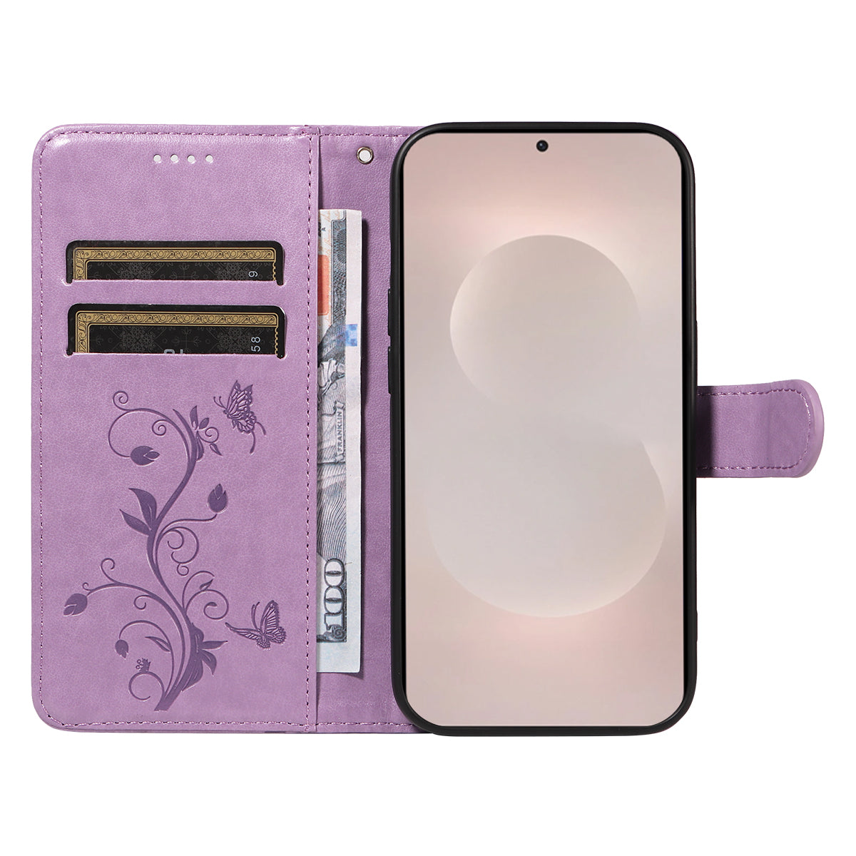For-Samsung-Galaxy-S26-Edge-PU-Leather-Cases-Flower-Pattern-Wallet-Stand-Phone-Cover-with-Strap-Light-Purple