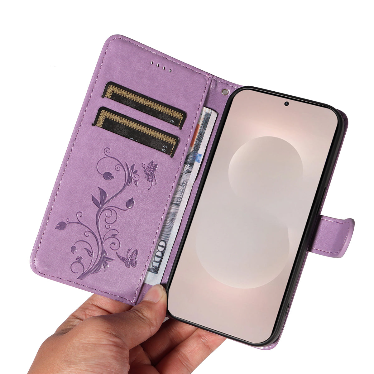 For-Samsung-Galaxy-S26-Edge-PU-Leather-Cases-Flower-Pattern-Wallet-Stand-Phone-Cover-with-Strap-Light-Purple