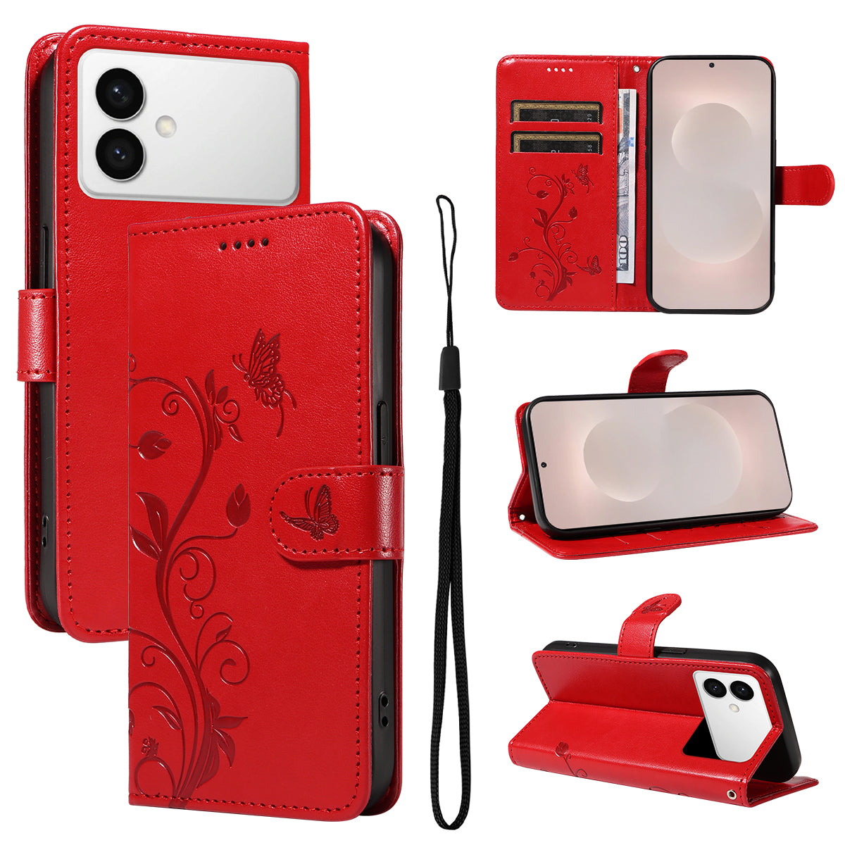 For-Samsung-Galaxy-S26-Edge-PU-Leather-Cases-Flower-Pattern-Wallet-Stand-Phone-Cover-with-Strap-Red
