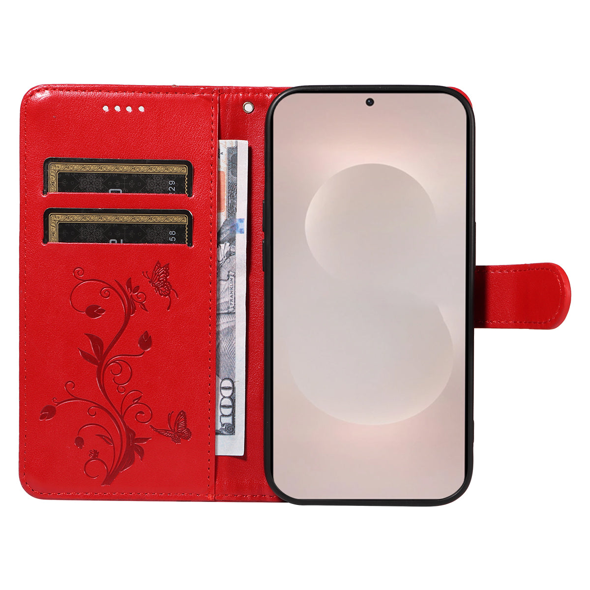 For-Samsung-Galaxy-S26-Edge-PU-Leather-Cases-Flower-Pattern-Wallet-Stand-Phone-Cover-with-Strap-Red