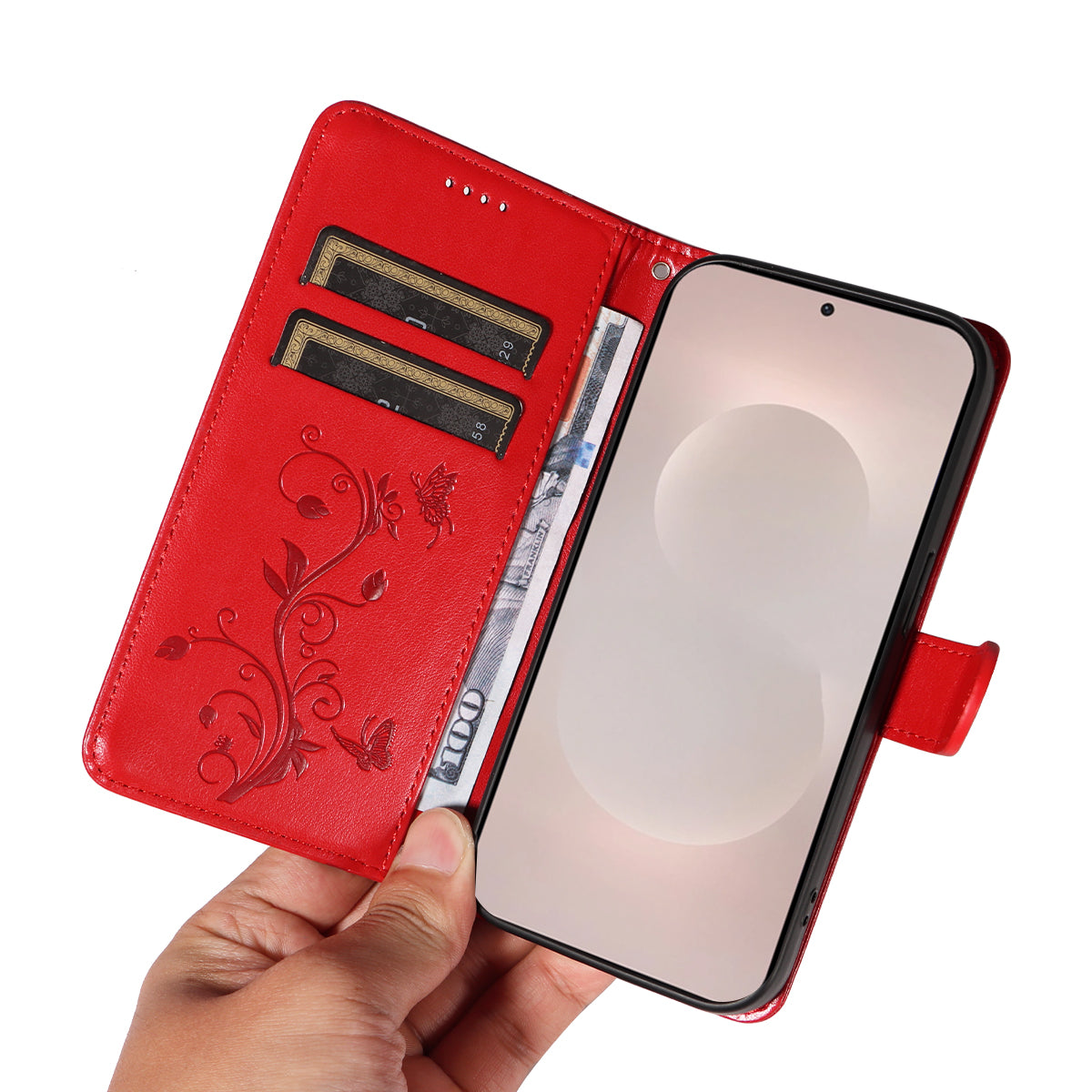 For-Samsung-Galaxy-S26-Edge-PU-Leather-Cases-Flower-Pattern-Wallet-Stand-Phone-Cover-with-Strap-Red