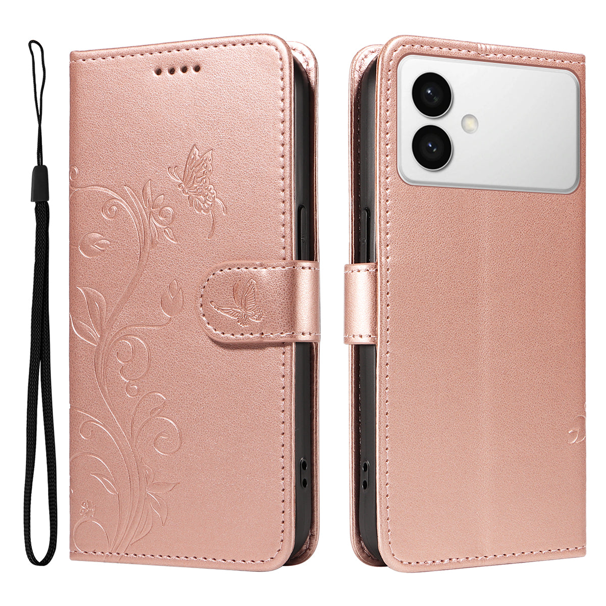 For-Samsung-Galaxy-S26-Edge-PU-Leather-Cases-Flower-Pattern-Wallet-Stand-Phone-Cover-with-Strap-Rose-Gold