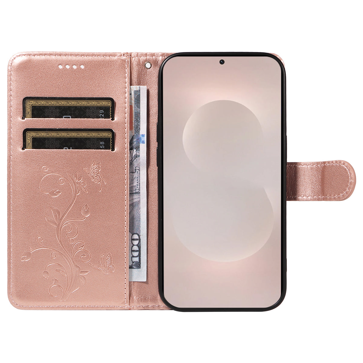 For-Samsung-Galaxy-S26-Edge-PU-Leather-Cases-Flower-Pattern-Wallet-Stand-Phone-Cover-with-Strap-Rose-Gold
