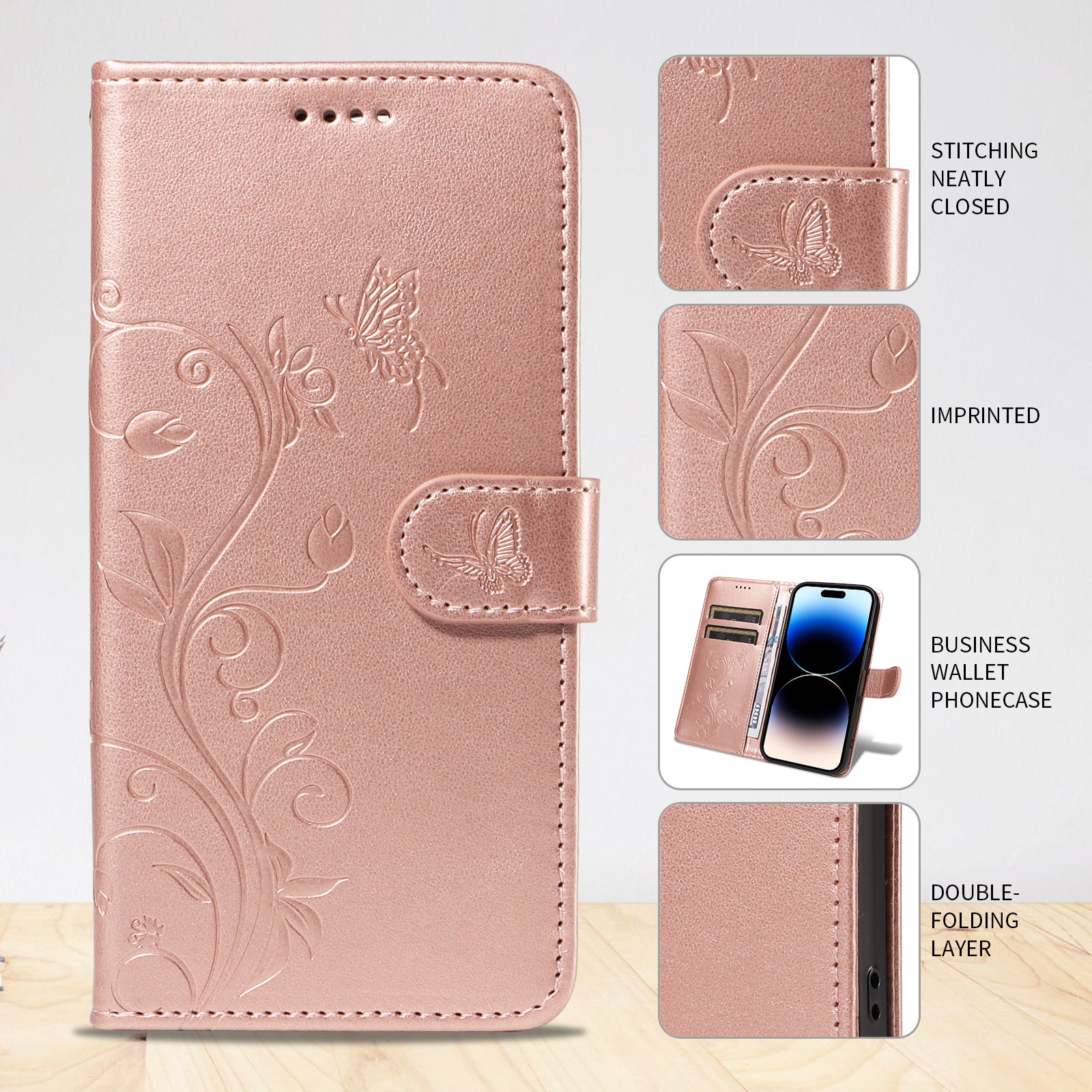 For-Samsung-Galaxy-S26-Edge-PU-Leather-Cases-Flower-Pattern-Wallet-Stand-Phone-Cover-with-Strap-Rose-Gold