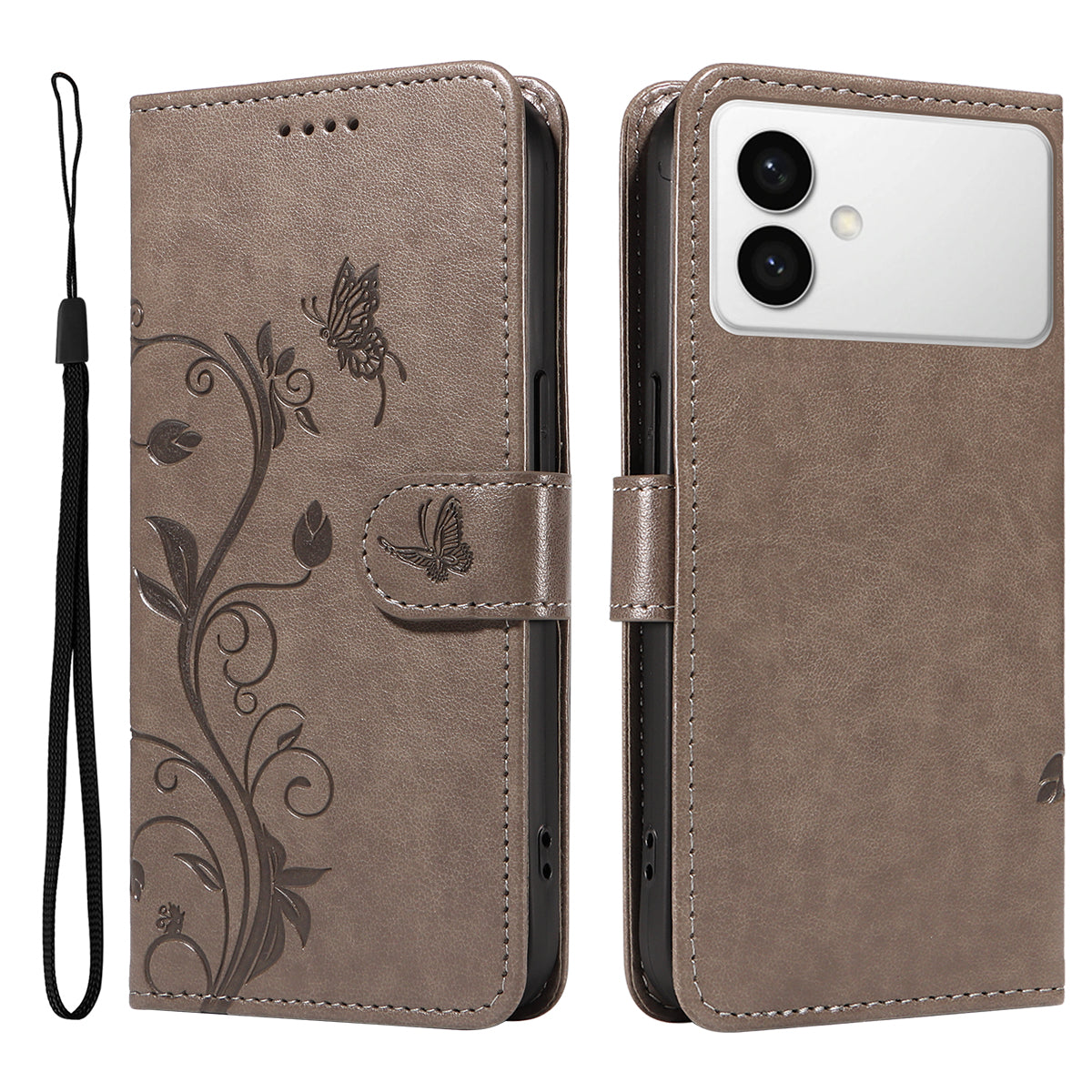 For-Samsung-Galaxy-S26-Edge-PU-Leather-Cases-Flower-Pattern-Wallet-Stand-Phone-Cover-with-Strap-Grey