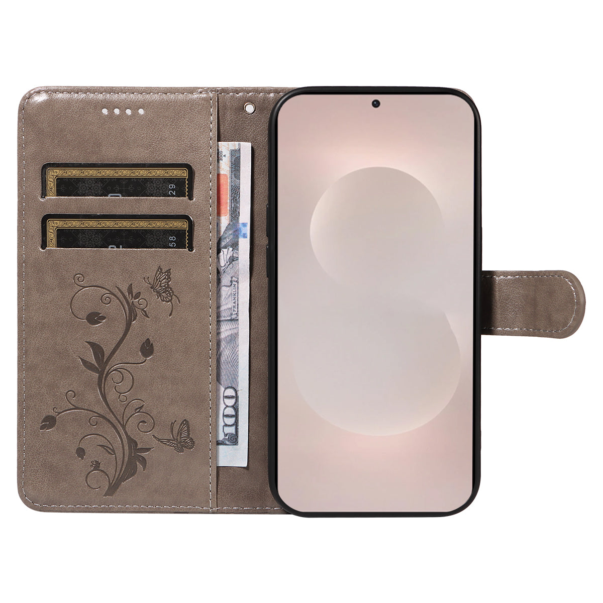 For-Samsung-Galaxy-S26-Edge-PU-Leather-Cases-Flower-Pattern-Wallet-Stand-Phone-Cover-with-Strap-Grey