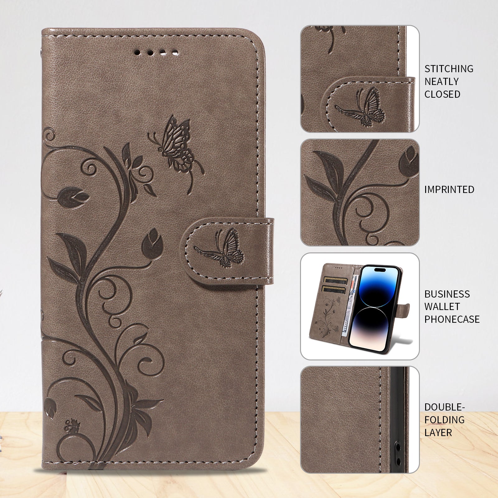 For-Samsung-Galaxy-S26-Edge-PU-Leather-Cases-Flower-Pattern-Wallet-Stand-Phone-Cover-with-Strap-Grey