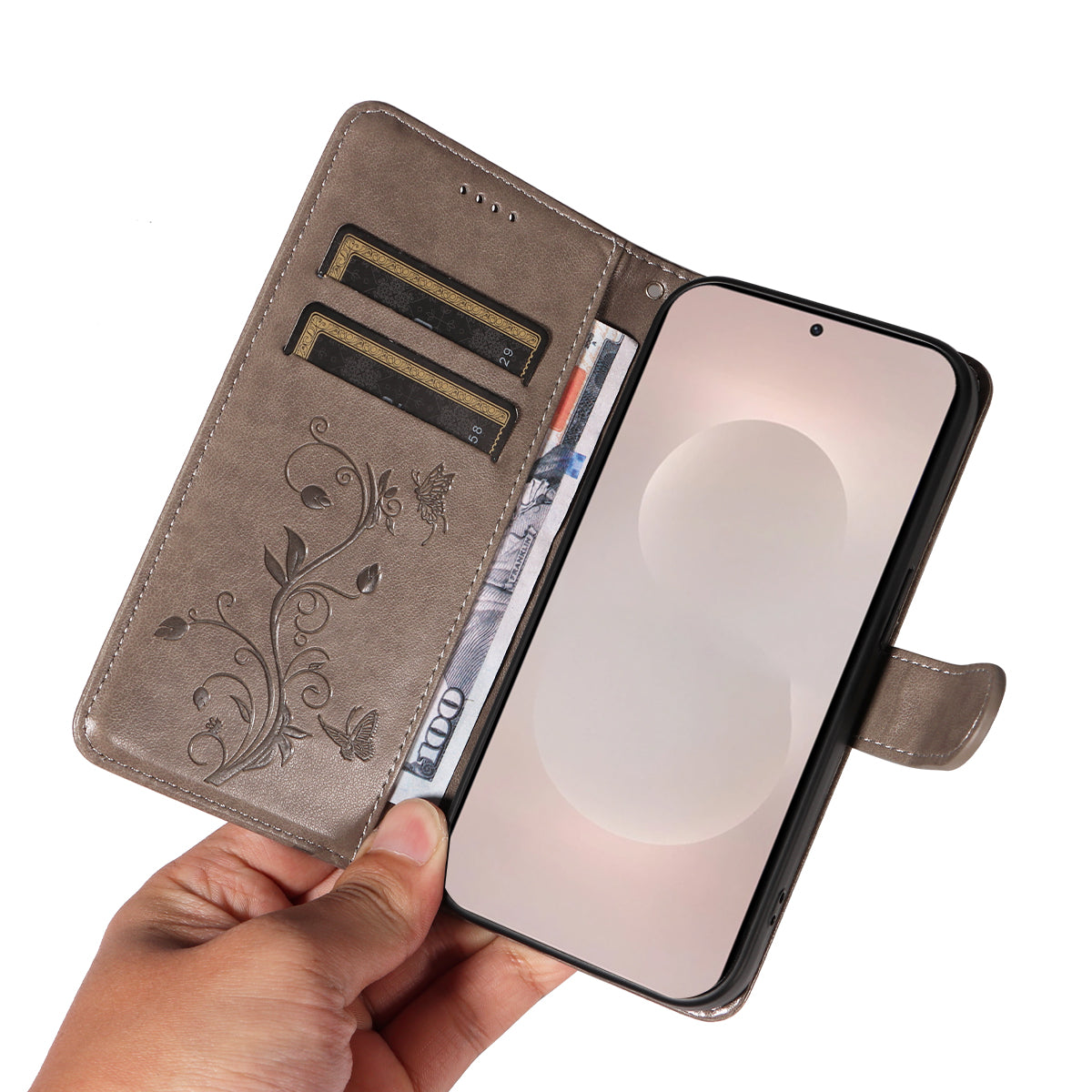 For-Samsung-Galaxy-S26-Edge-PU-Leather-Cases-Flower-Pattern-Wallet-Stand-Phone-Cover-with-Strap-Grey