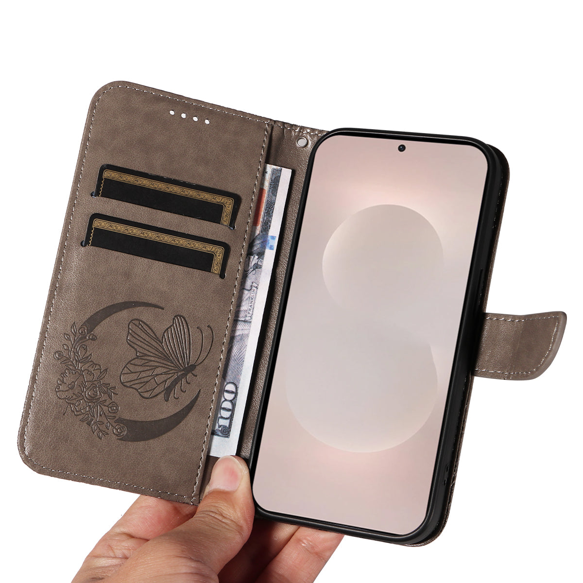 For-Samsung-Galaxy-S26-Edge-Case-Butterfly-Pattern-PU-Leather-Folio-Flip-Phone-Cover-Grey