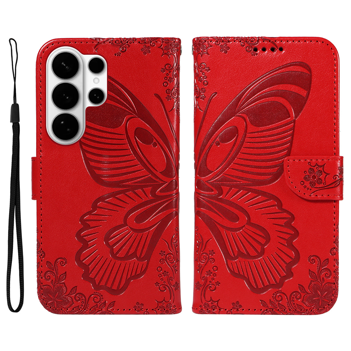For-Samsung-Galaxy-S26-Ultra-Case-Butterfly-Pattern-PU-Leather-Folio-Flip-Phone-Cover-Red