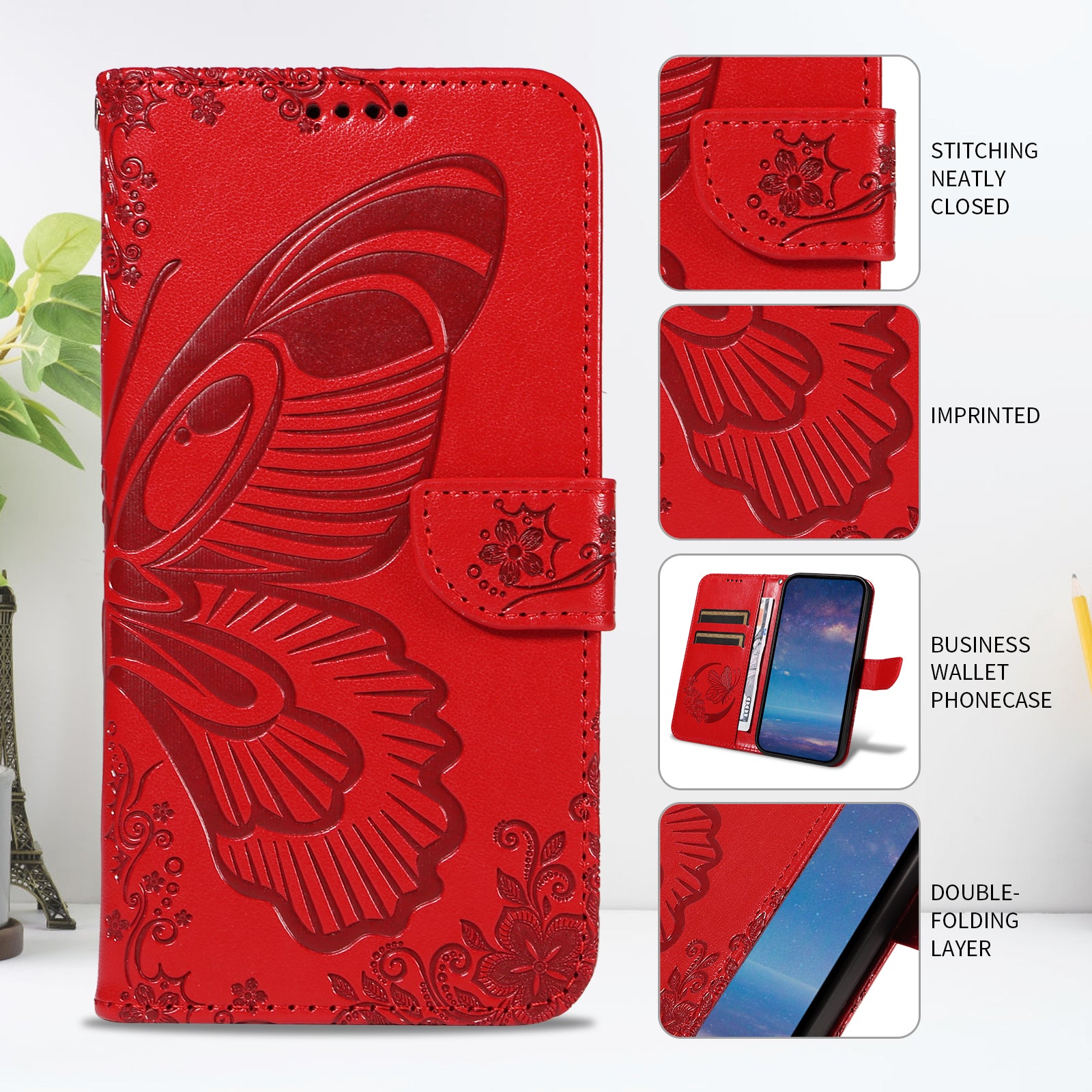 For-Samsung-Galaxy-S26-Ultra-Case-Butterfly-Pattern-PU-Leather-Folio-Flip-Phone-Cover-Red