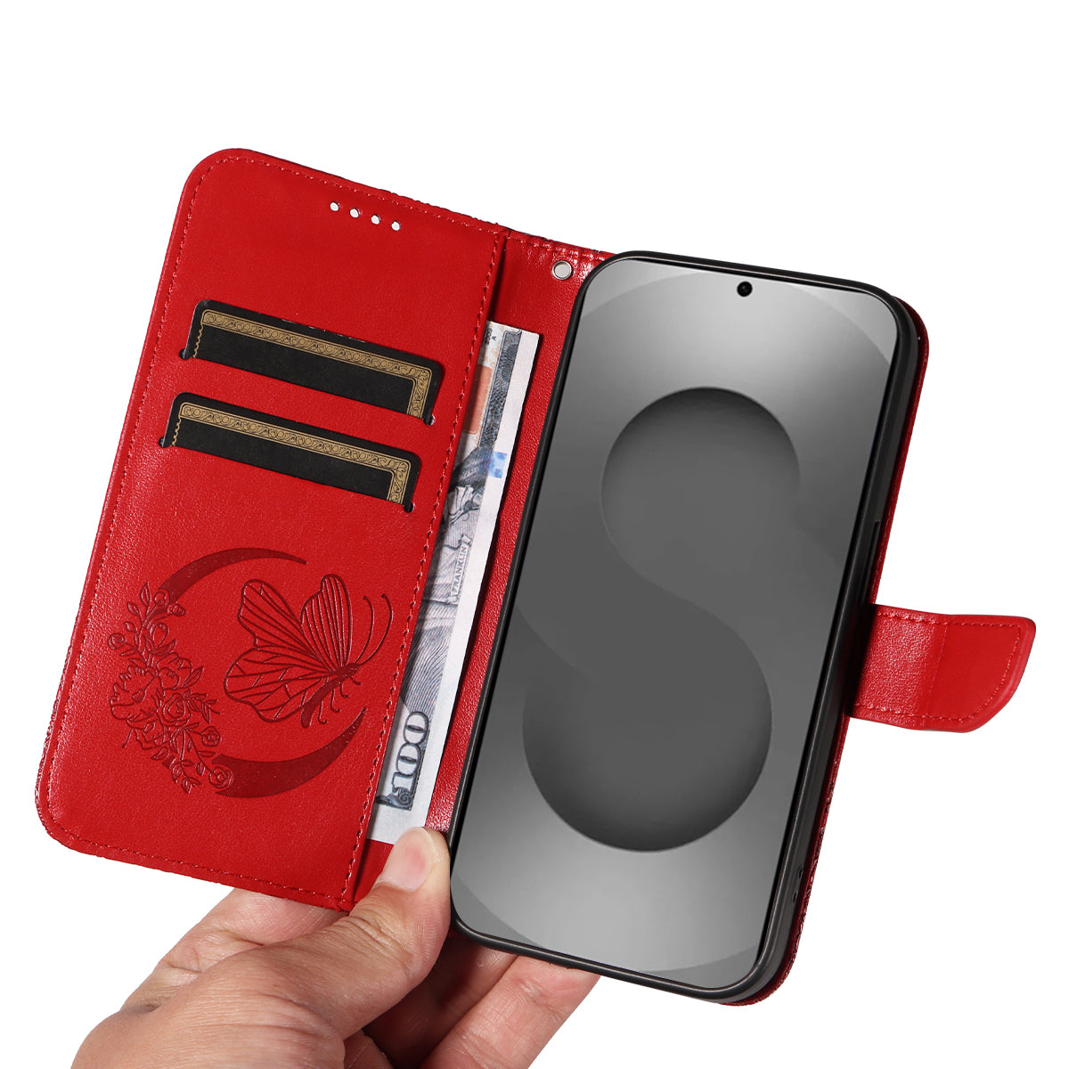 For-Samsung-Galaxy-S26-Ultra-Case-Butterfly-Pattern-PU-Leather-Folio-Flip-Phone-Cover-Red