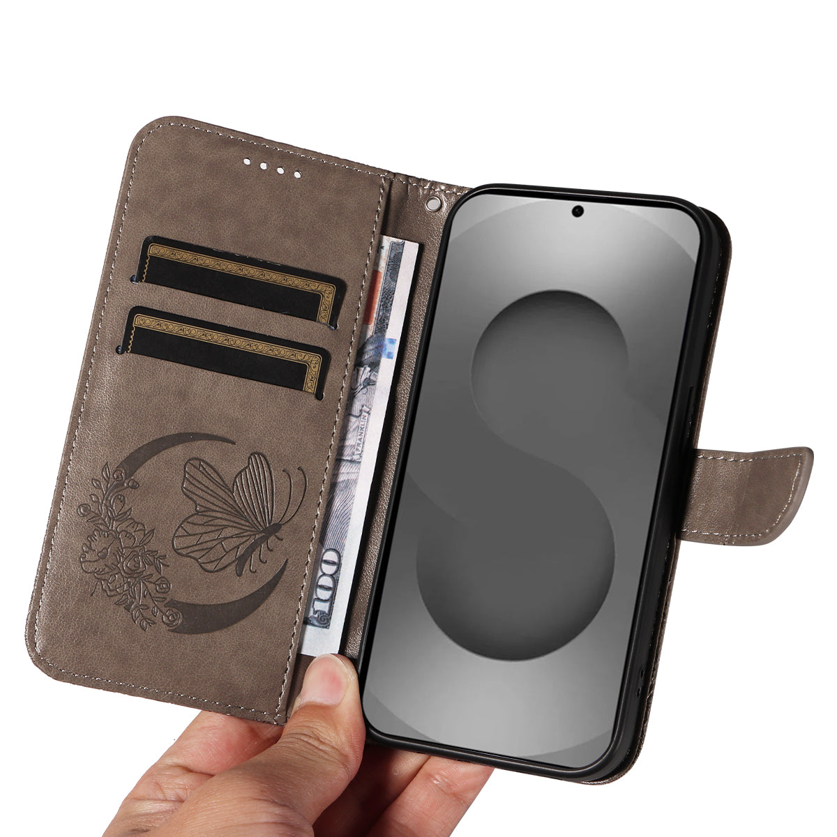 For-Samsung-Galaxy-S26-Ultra-Case-Butterfly-Pattern-PU-Leather-Folio-Flip-Phone-Cover-Grey