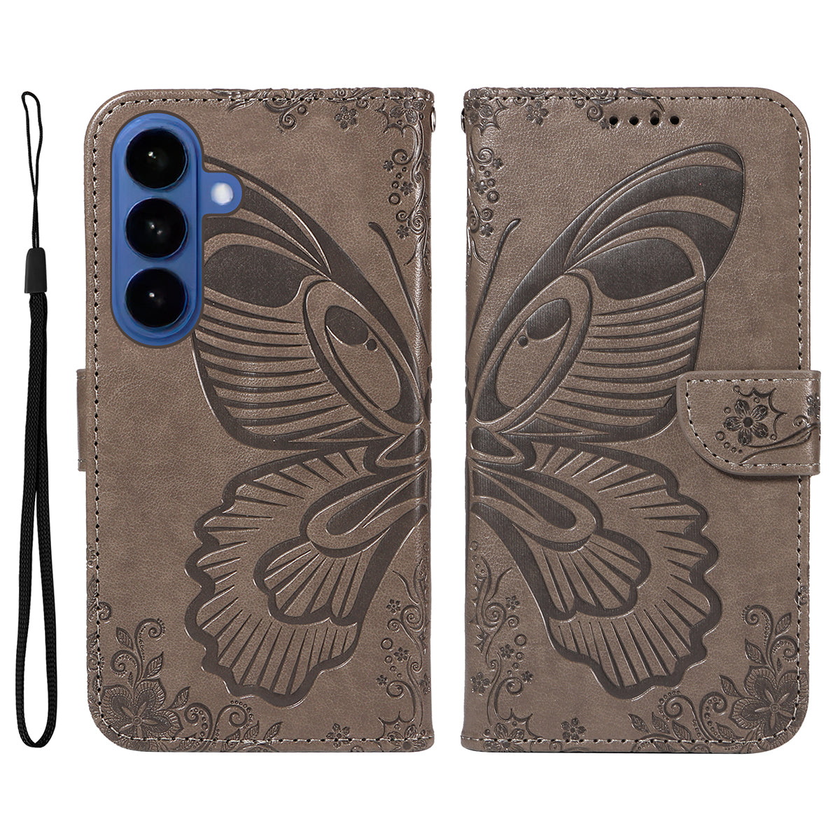 For-Samsung-Galaxy-S26-/-S26-Pro-Case-Butterfly-Pattern-PU-Leather-Folio-Flip-Phone-Cover-Grey