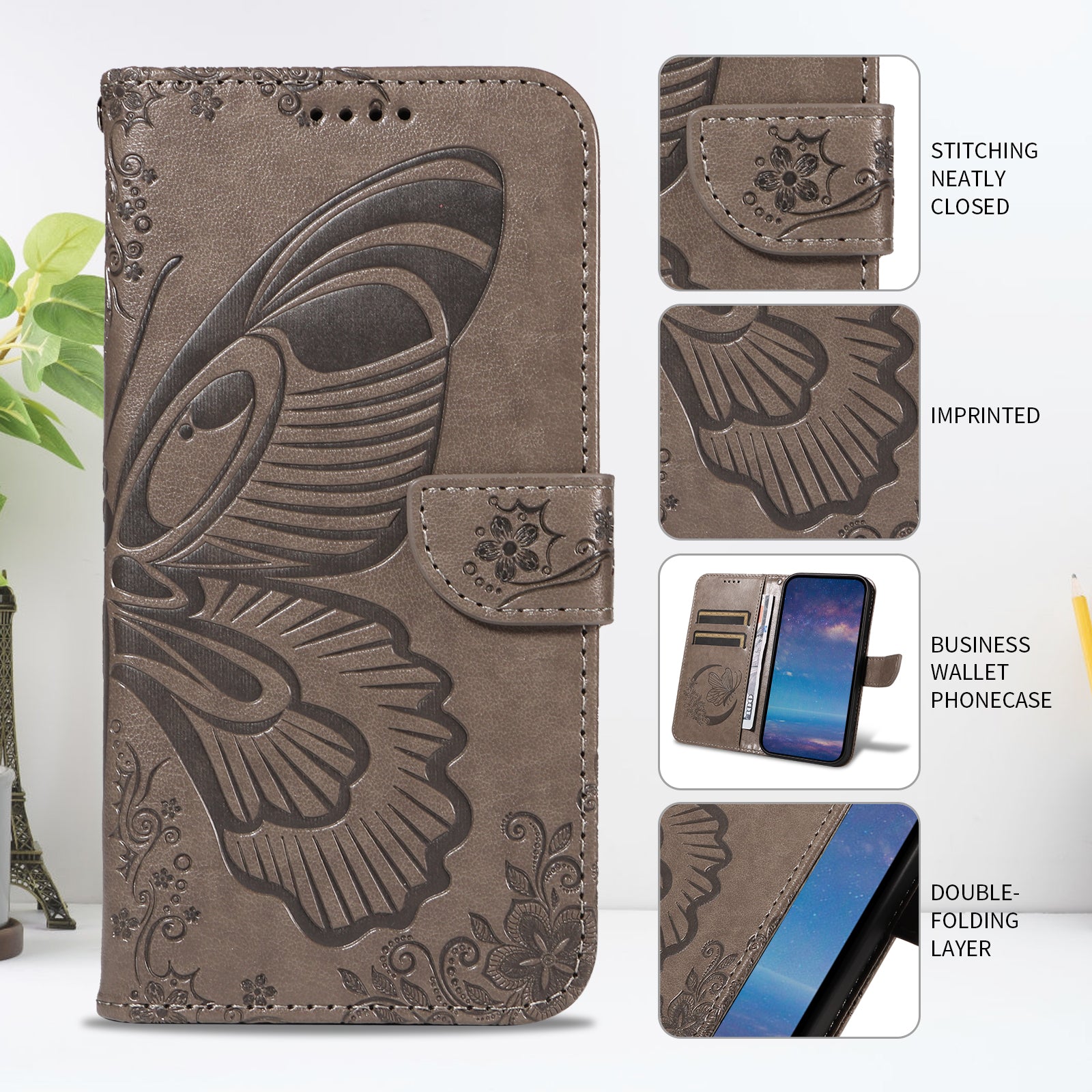 For-Samsung-Galaxy-S26-/-S26-Pro-Case-Butterfly-Pattern-PU-Leather-Folio-Flip-Phone-Cover-Grey
