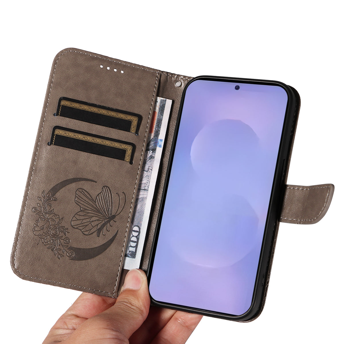 For-Samsung-Galaxy-S26-/-S26-Pro-Case-Butterfly-Pattern-PU-Leather-Folio-Flip-Phone-Cover-Grey