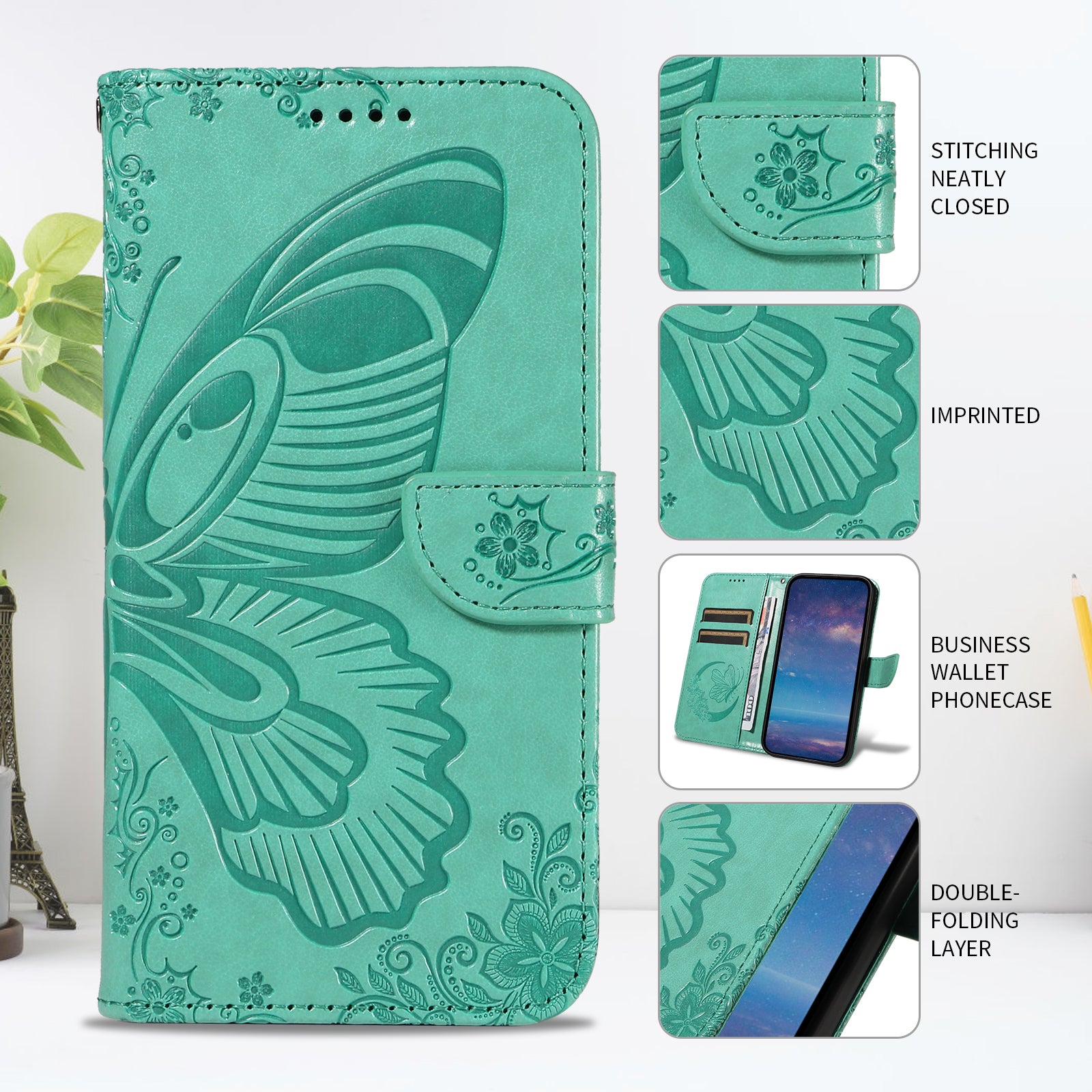For-Samsung-Galaxy-S26-/-S26-Pro-Case-Butterfly-Pattern-PU-Leather-Folio-Flip-Phone-Cover-Green