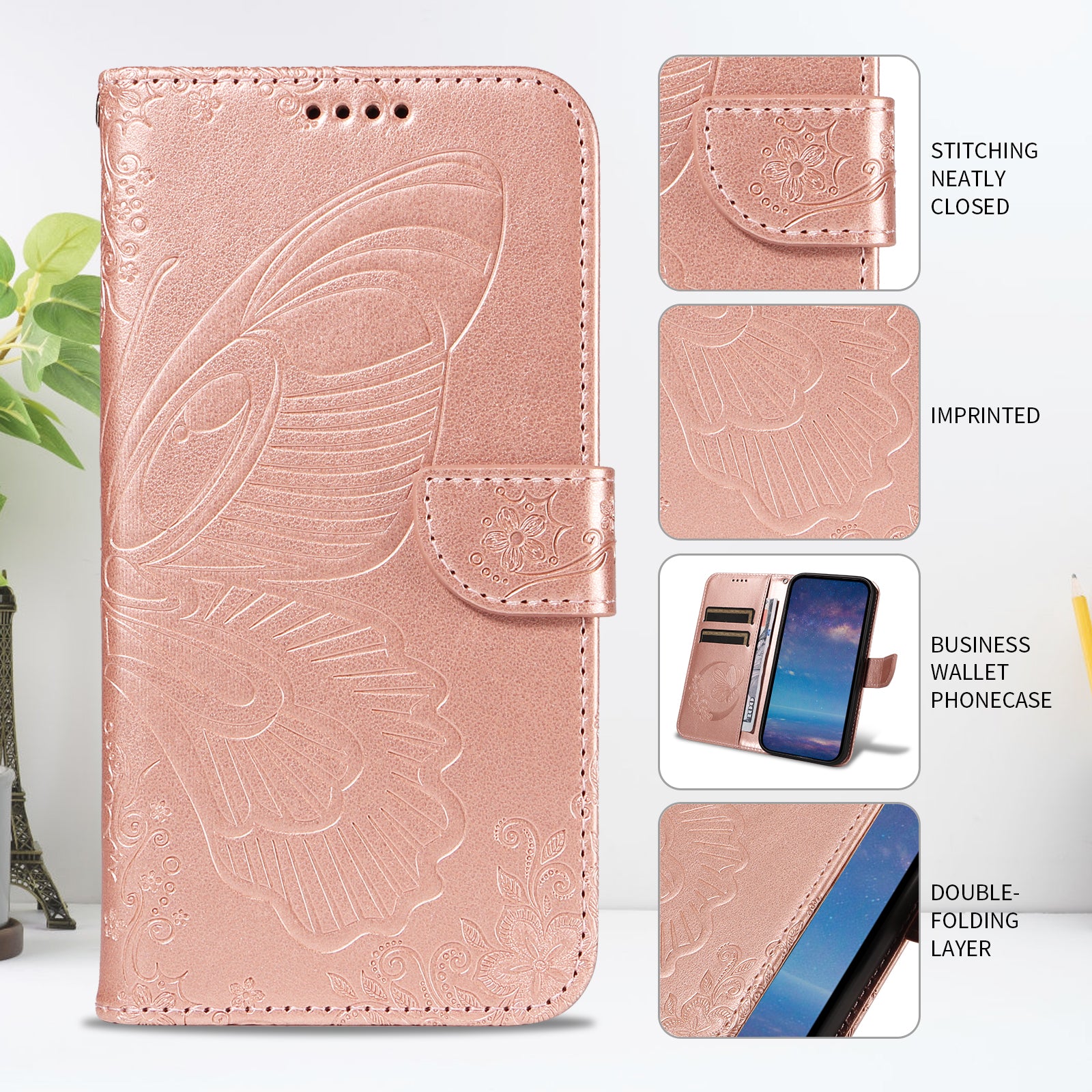 For-Samsung-Galaxy-S26-/-S26-Pro-Case-Butterfly-Pattern-PU-Leather-Folio-Flip-Phone-Cover-Rose-Gold