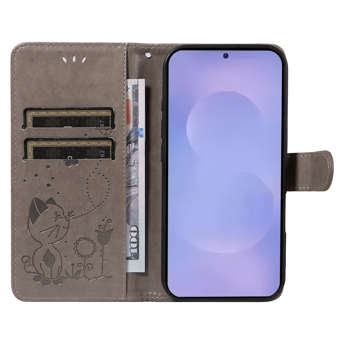 For-Samsung-Galaxy-S26-/-S26-Pro-Leather-Wallet-Case-Cat-Bee-Pattern-Phone-Cover-Stand-Grey