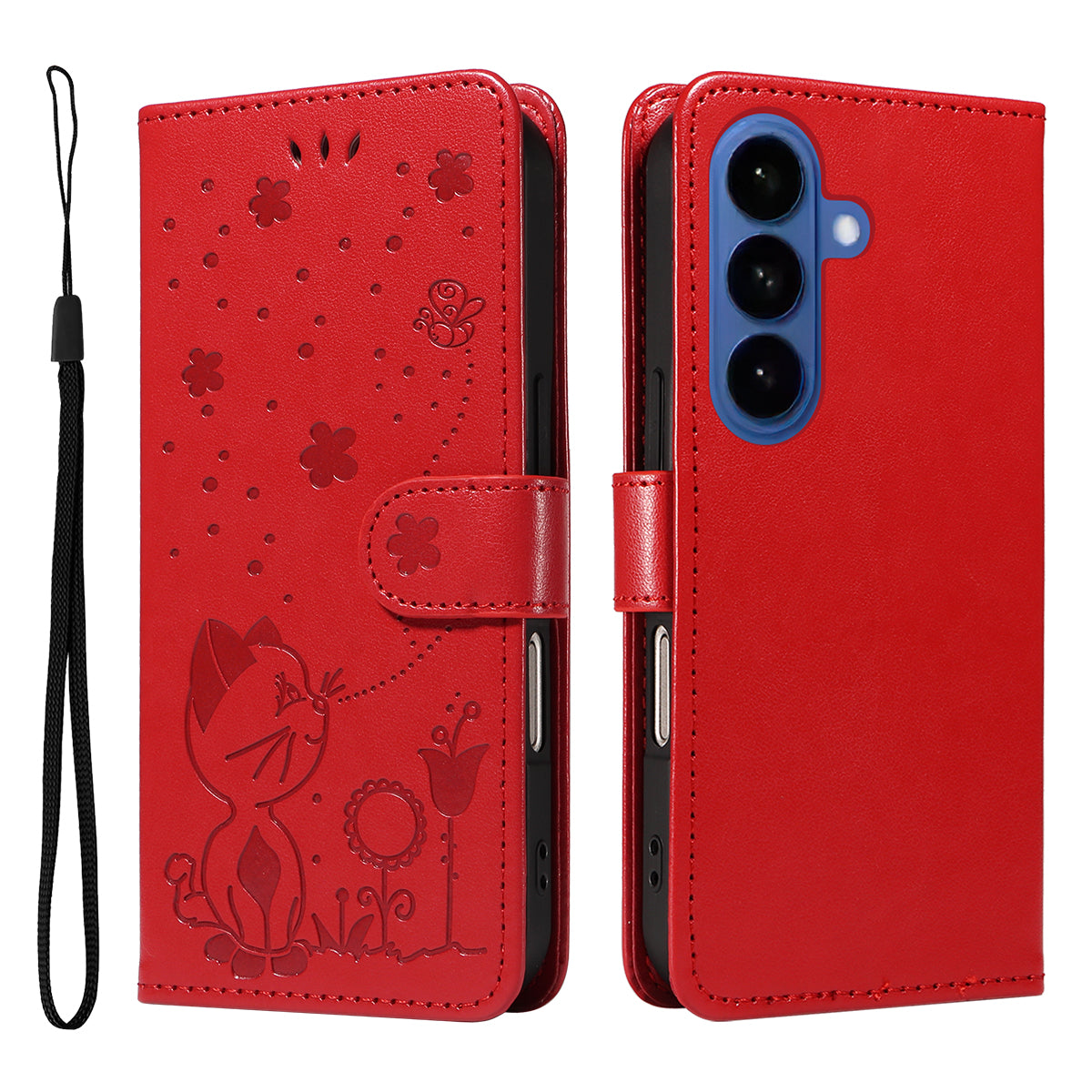 For-Samsung-Galaxy-S26-/-S26-Pro-Leather-Wallet-Case-Cat-Bee-Pattern-Phone-Cover-Stand-Red