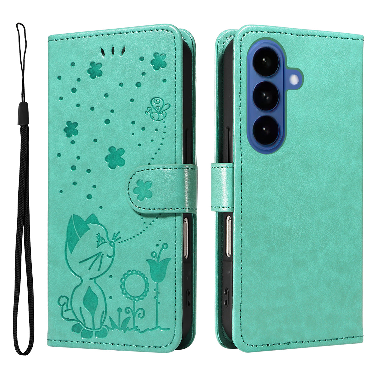 For-Samsung-Galaxy-S26-/-S26-Pro-Leather-Wallet-Case-Cat-Bee-Pattern-Phone-Cover-Stand-Green