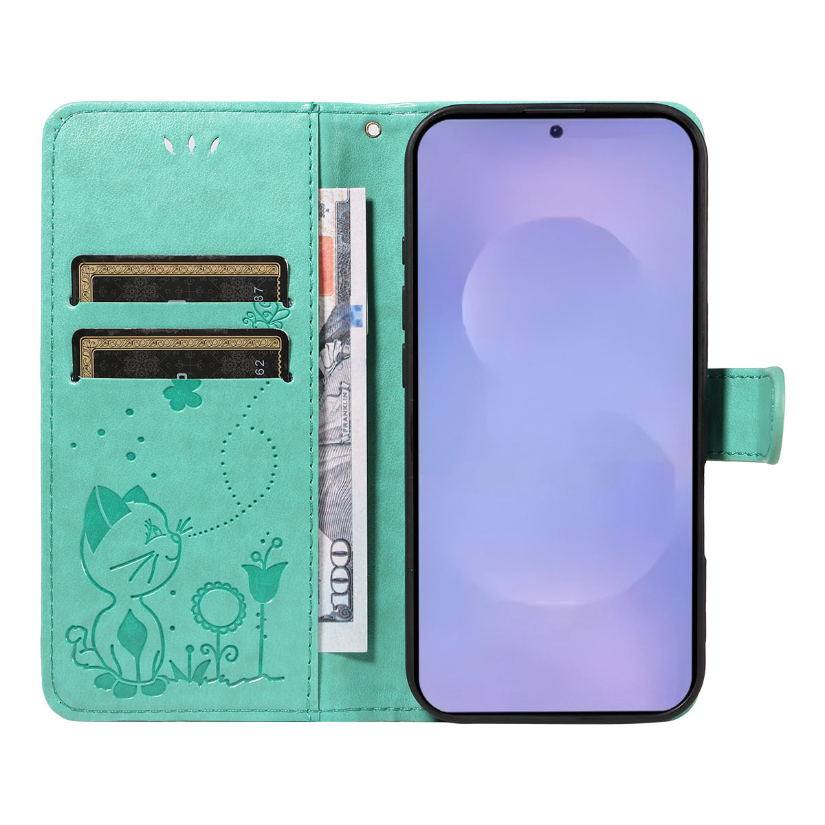 For-Samsung-Galaxy-S26-/-S26-Pro-Leather-Wallet-Case-Cat-Bee-Pattern-Phone-Cover-Stand-Green