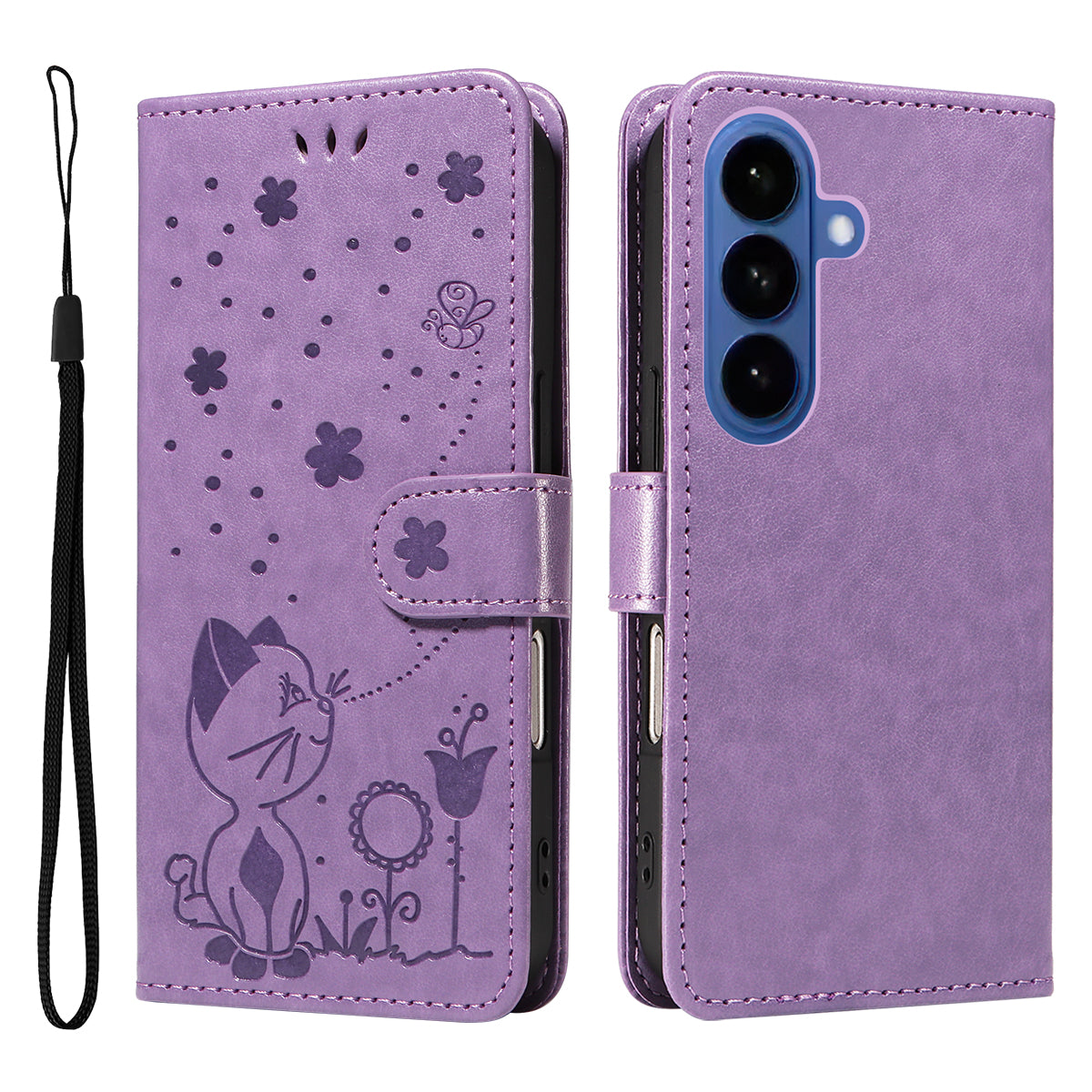 For-Samsung-Galaxy-S26-/-S26-Pro-Leather-Wallet-Case-Cat-Bee-Pattern-Phone-Cover-Stand-Purple