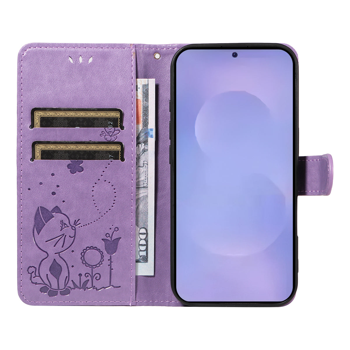 For-Samsung-Galaxy-S26-/-S26-Pro-Leather-Wallet-Case-Cat-Bee-Pattern-Phone-Cover-Stand-Purple