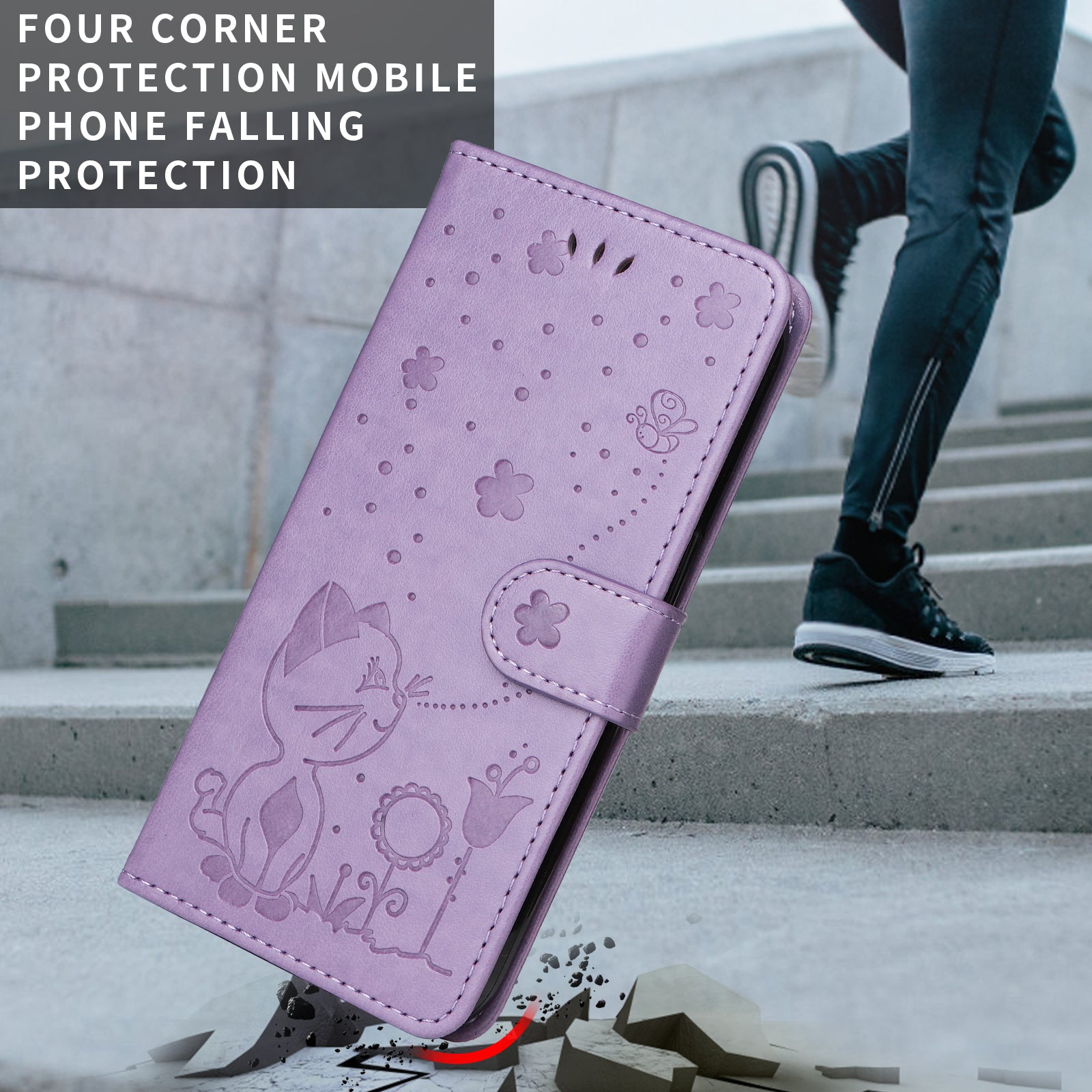 For-Samsung-Galaxy-S26-/-S26-Pro-Leather-Wallet-Case-Cat-Bee-Pattern-Phone-Cover-Stand-Purple