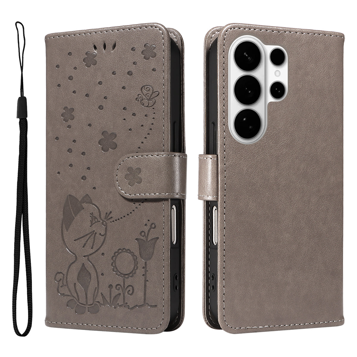 For-Samsung-Galaxy-S26-Ultra-Leather-Wallet-Case-Cat-Bee-Pattern-Phone-Cover-Stand-Grey
