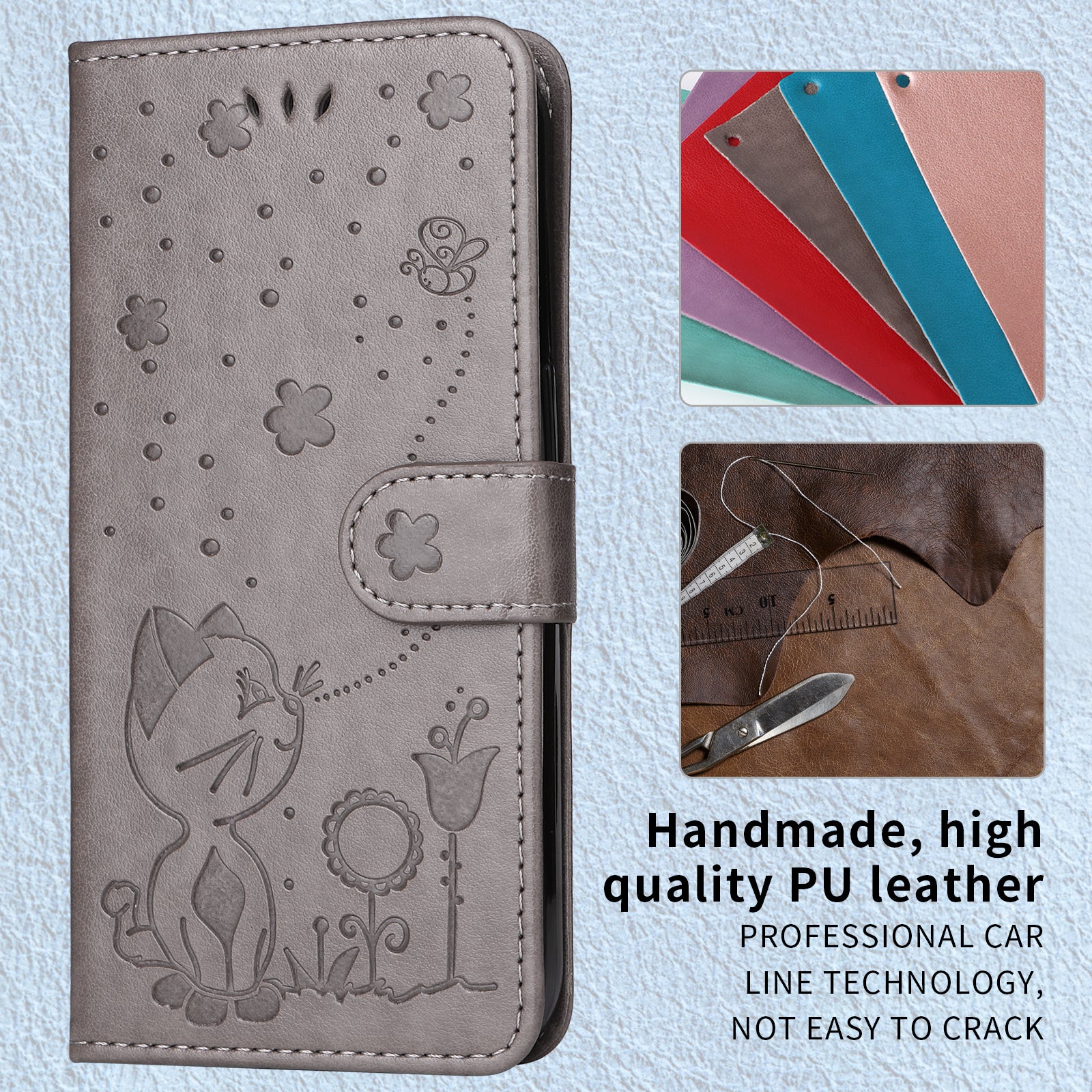 For-Samsung-Galaxy-S26-Ultra-Leather-Wallet-Case-Cat-Bee-Pattern-Phone-Cover-Stand-Grey
