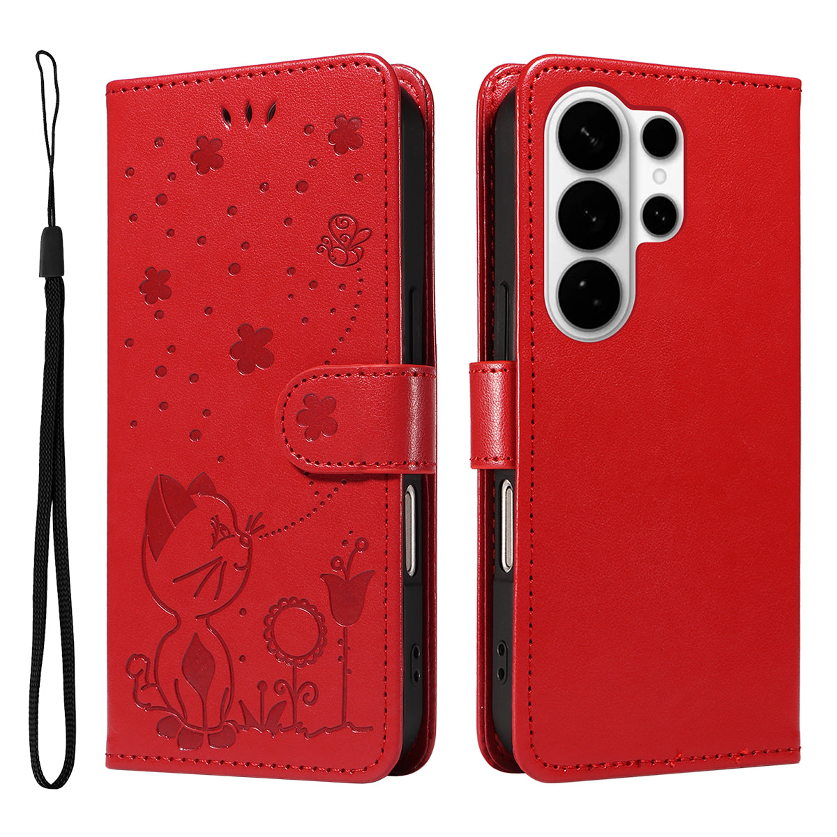 For-Samsung-Galaxy-S26-Ultra-Leather-Wallet-Case-Cat-Bee-Pattern-Phone-Cover-Stand-Red