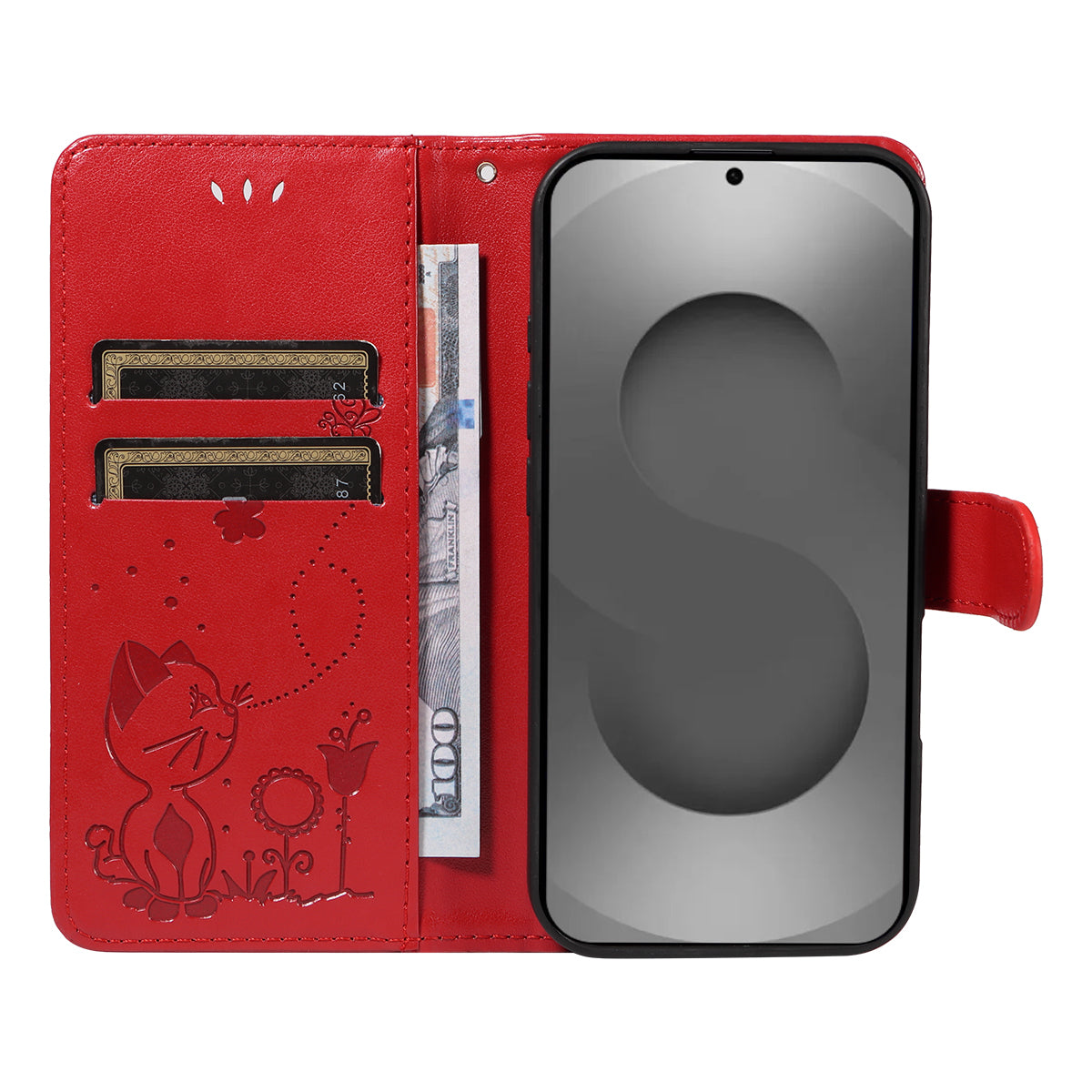 For-Samsung-Galaxy-S26-Ultra-Leather-Wallet-Case-Cat-Bee-Pattern-Phone-Cover-Stand-Red