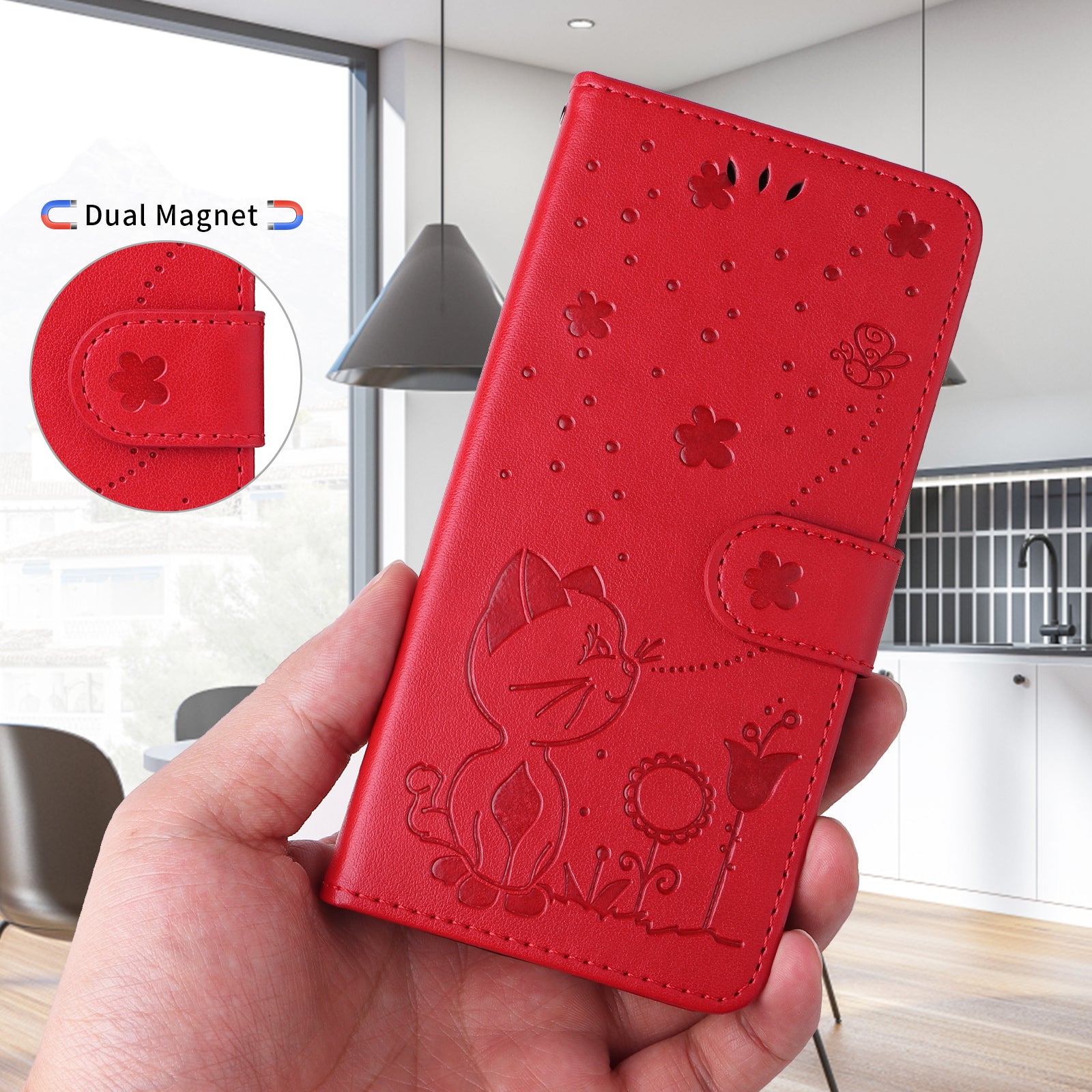 For-Samsung-Galaxy-S26-Ultra-Leather-Wallet-Case-Cat-Bee-Pattern-Phone-Cover-Stand-Red