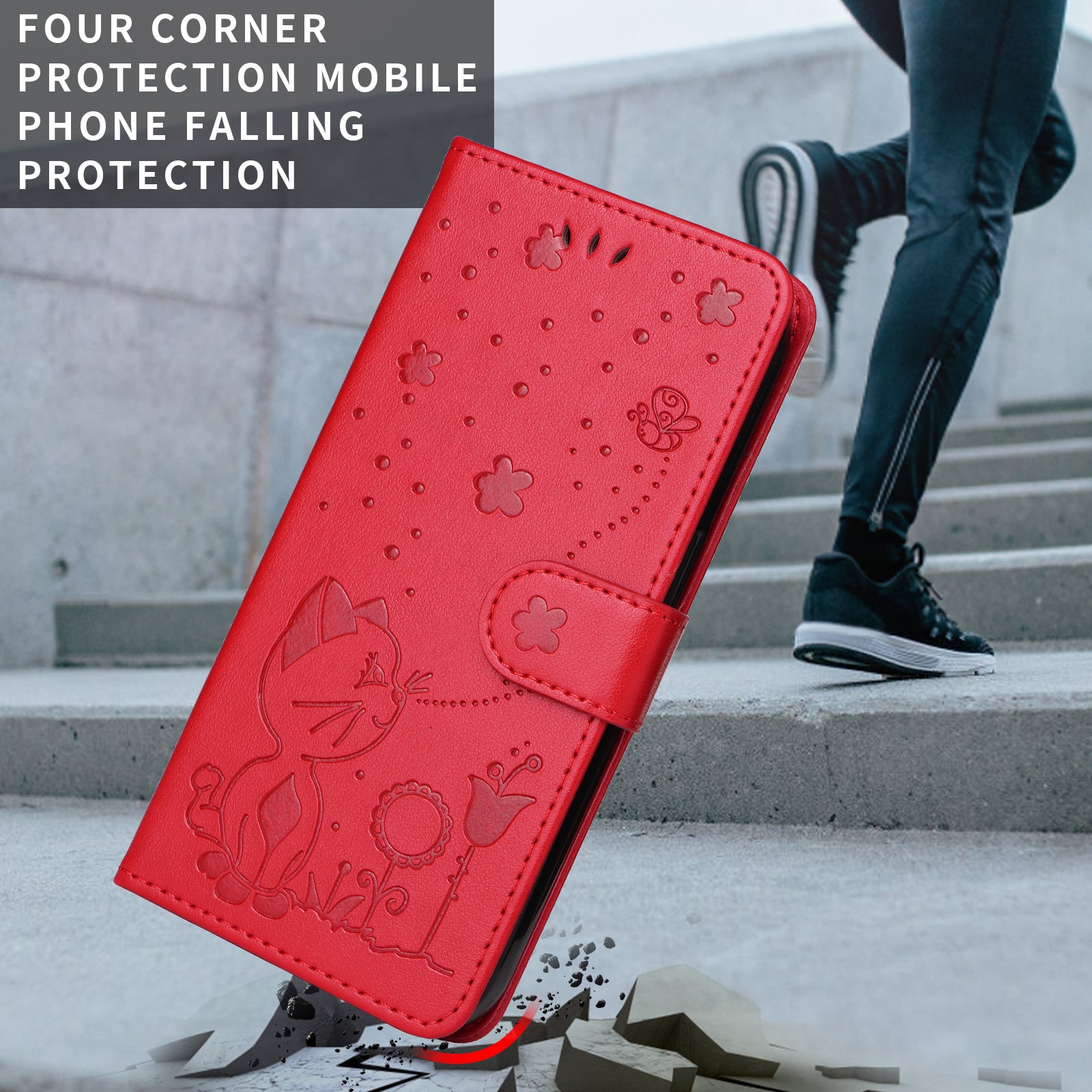 For-Samsung-Galaxy-S26-Ultra-Leather-Wallet-Case-Cat-Bee-Pattern-Phone-Cover-Stand-Red