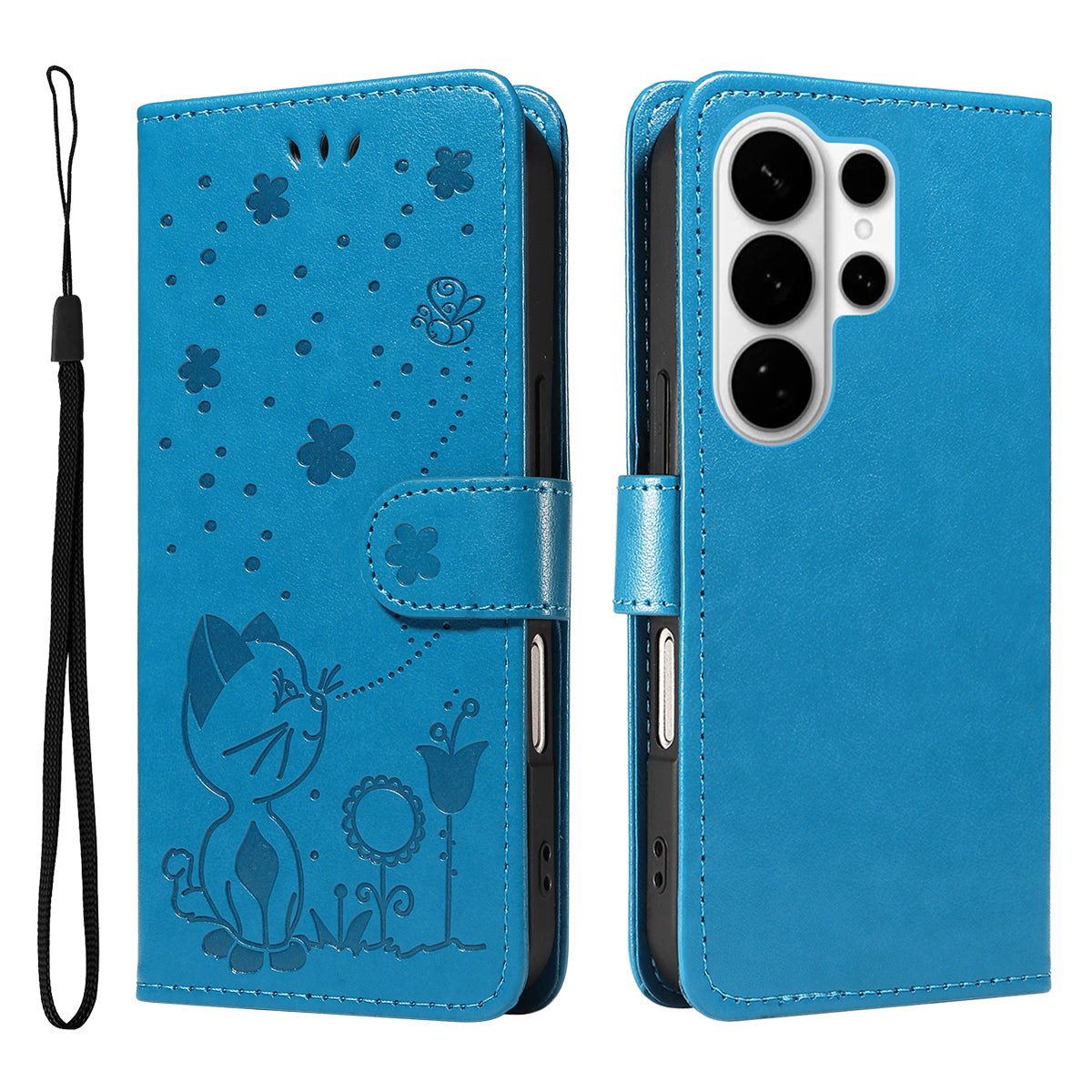 For-Samsung-Galaxy-S26-Ultra-Leather-Wallet-Case-Cat-Bee-Pattern-Phone-Cover-Stand-Blue