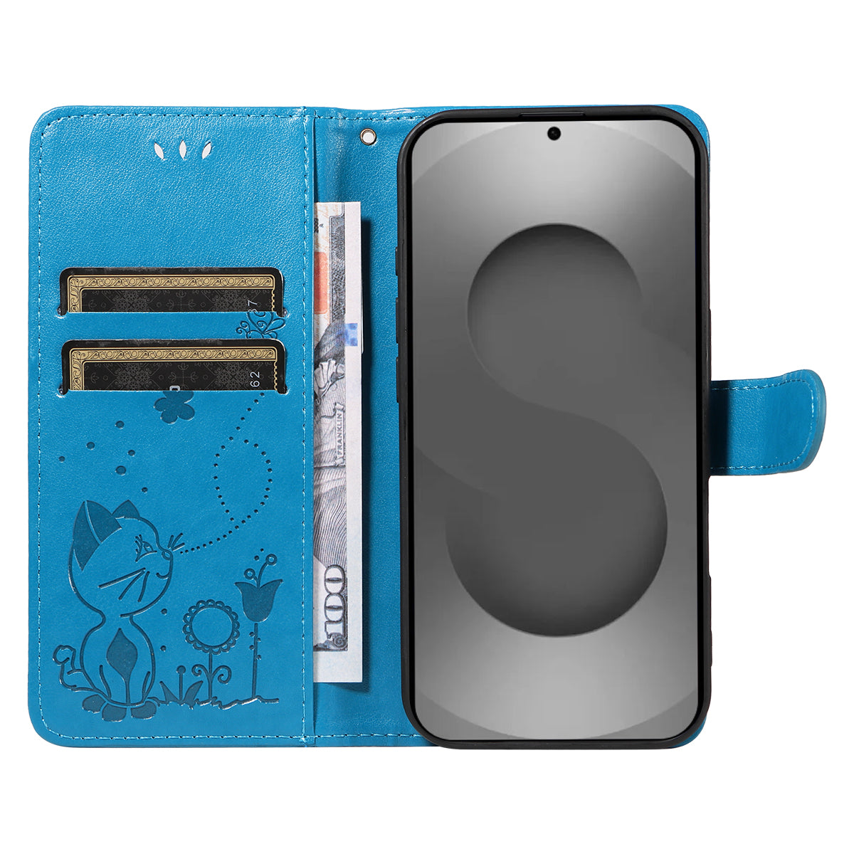 For-Samsung-Galaxy-S26-Ultra-Leather-Wallet-Case-Cat-Bee-Pattern-Phone-Cover-Stand-Blue